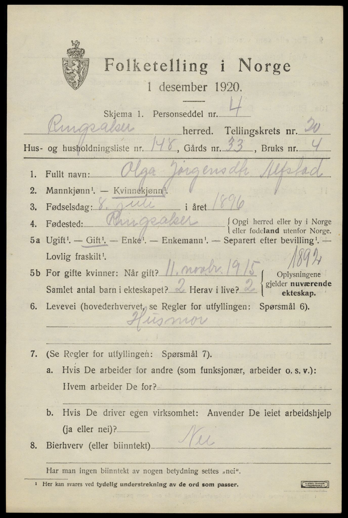 SAH, 1920 census for Ringsaker, 1920, p. 28590