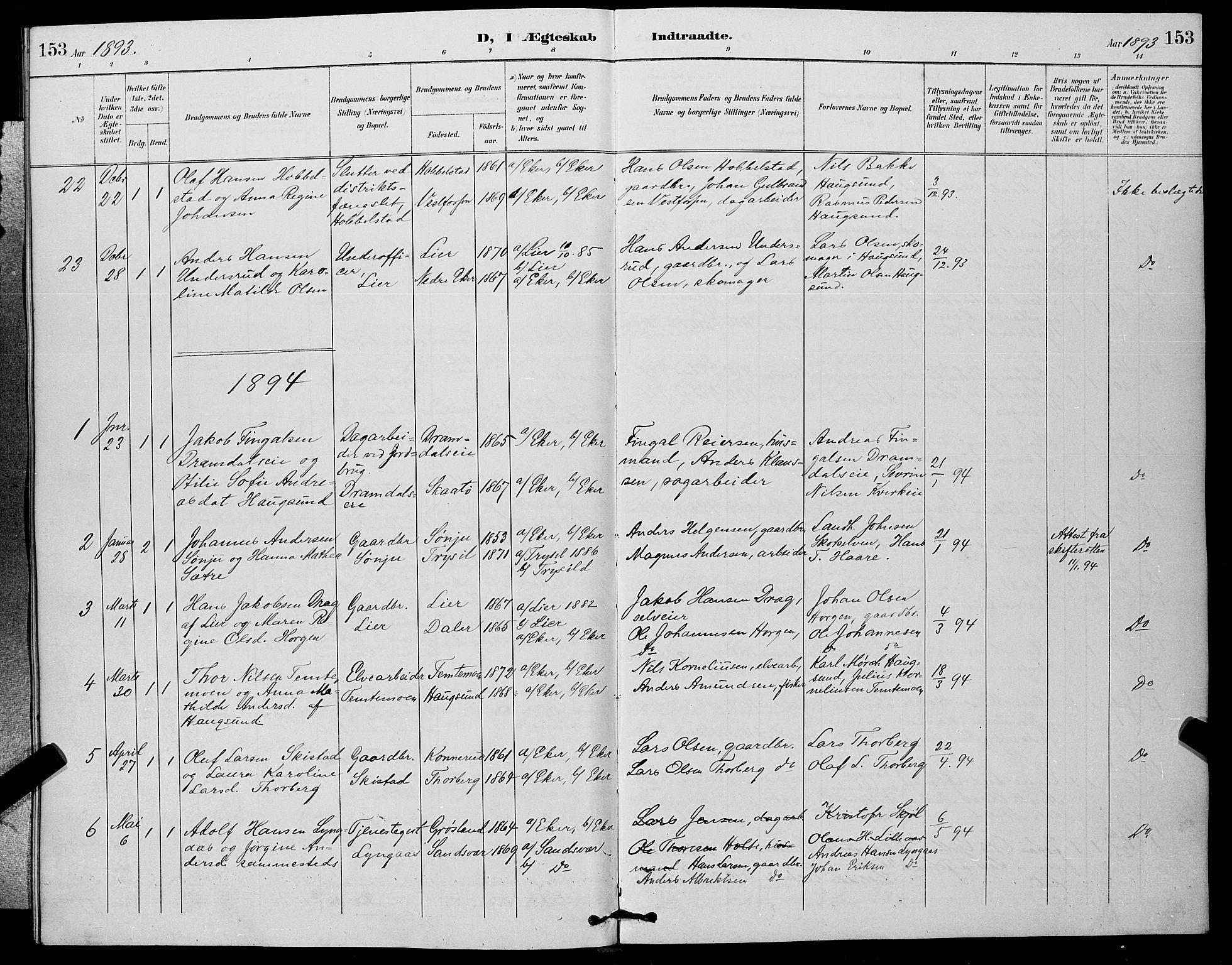 Eiker kirkebøker, AV/SAKO-A-4/G/Ga/L0007: Parish register (copy) no. I 7, 1893-1902, p. 153