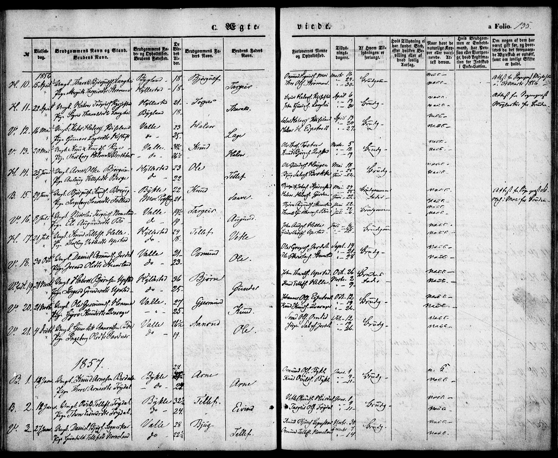 Valle sokneprestkontor, SAK/1111-0044/F/Fa/Fac/L0007: Parish register (official) no. A 7, 1854-1868, p. 135