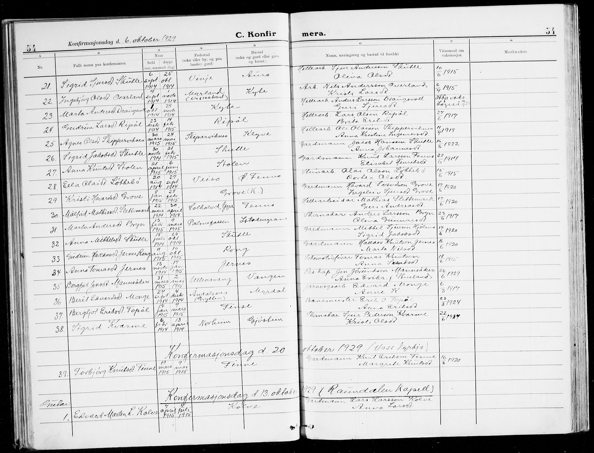 Voss sokneprestembete, SAB/A-79001/H/Haa: Parish register (official) no. B 3, 1922-1942, p. 54