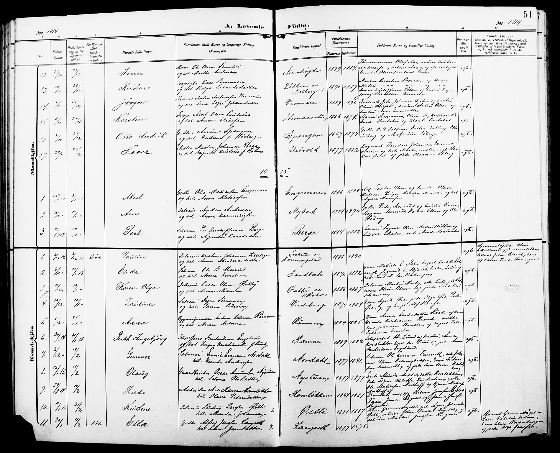 Løten prestekontor, SAH/PREST-022/L/La/L0007: Parish register (copy) no. 7, 1910-1919, p. 51