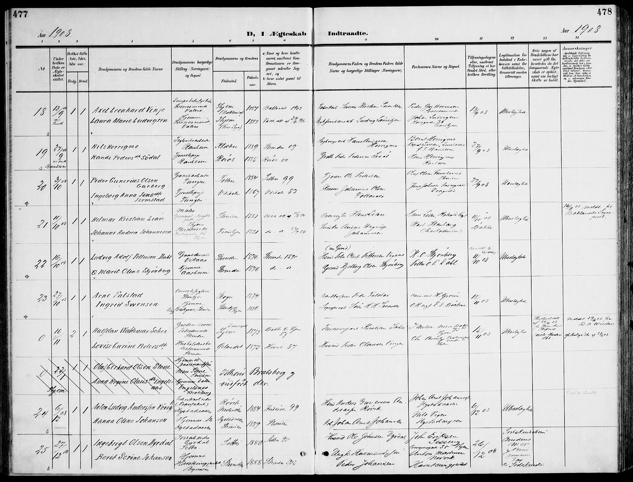 Ministerialprotokoller, klokkerbøker og fødselsregistre - Sør-Trøndelag, AV/SAT-A-1456/607/L0320: Parish register (official) no. 607A04, 1907-1915, p. 477-478