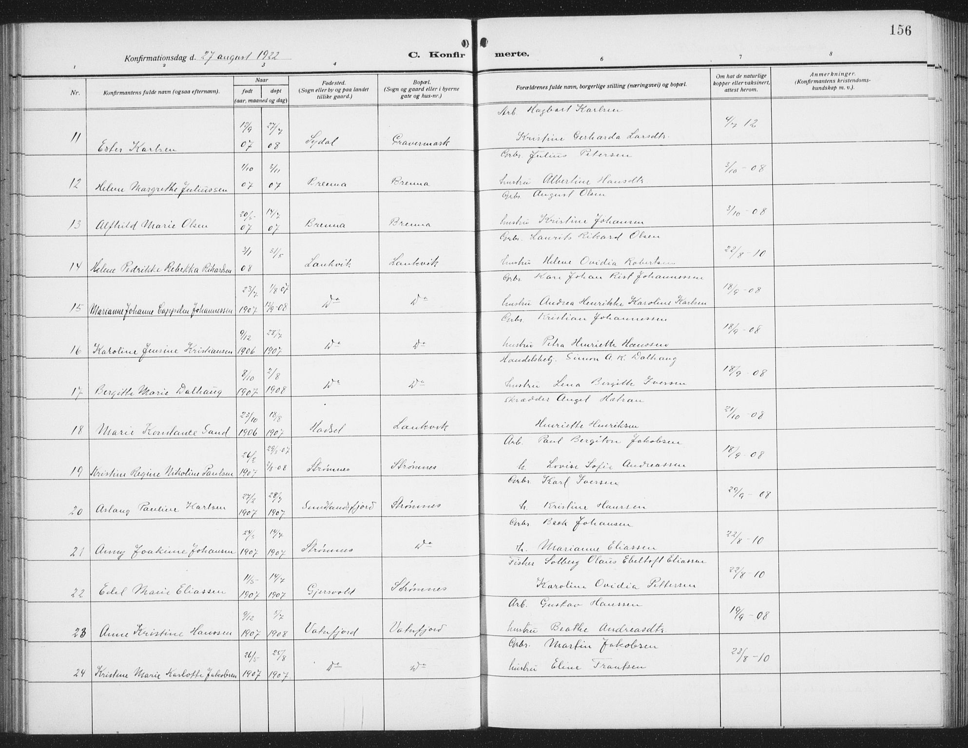 Ministerialprotokoller, klokkerbøker og fødselsregistre - Nordland, SAT/A-1459/876/L1106: Parish register (copy) no. 876C05, 1915-1942, p. 156