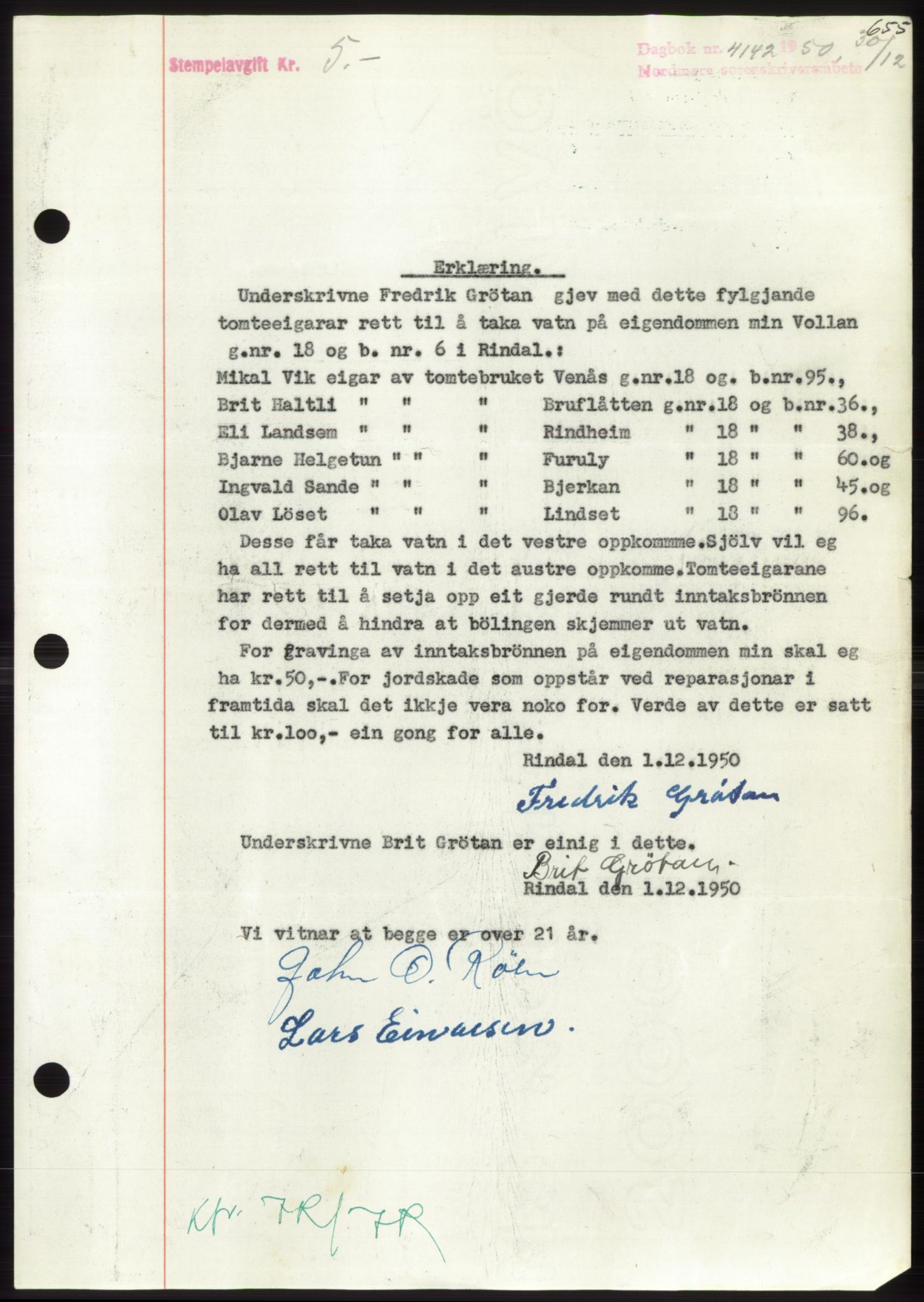 Nordmøre sorenskriveri, AV/SAT-A-4132/1/2/2Ca: Mortgage book no. B106, 1950-1950, Diary no: : 4142/1950