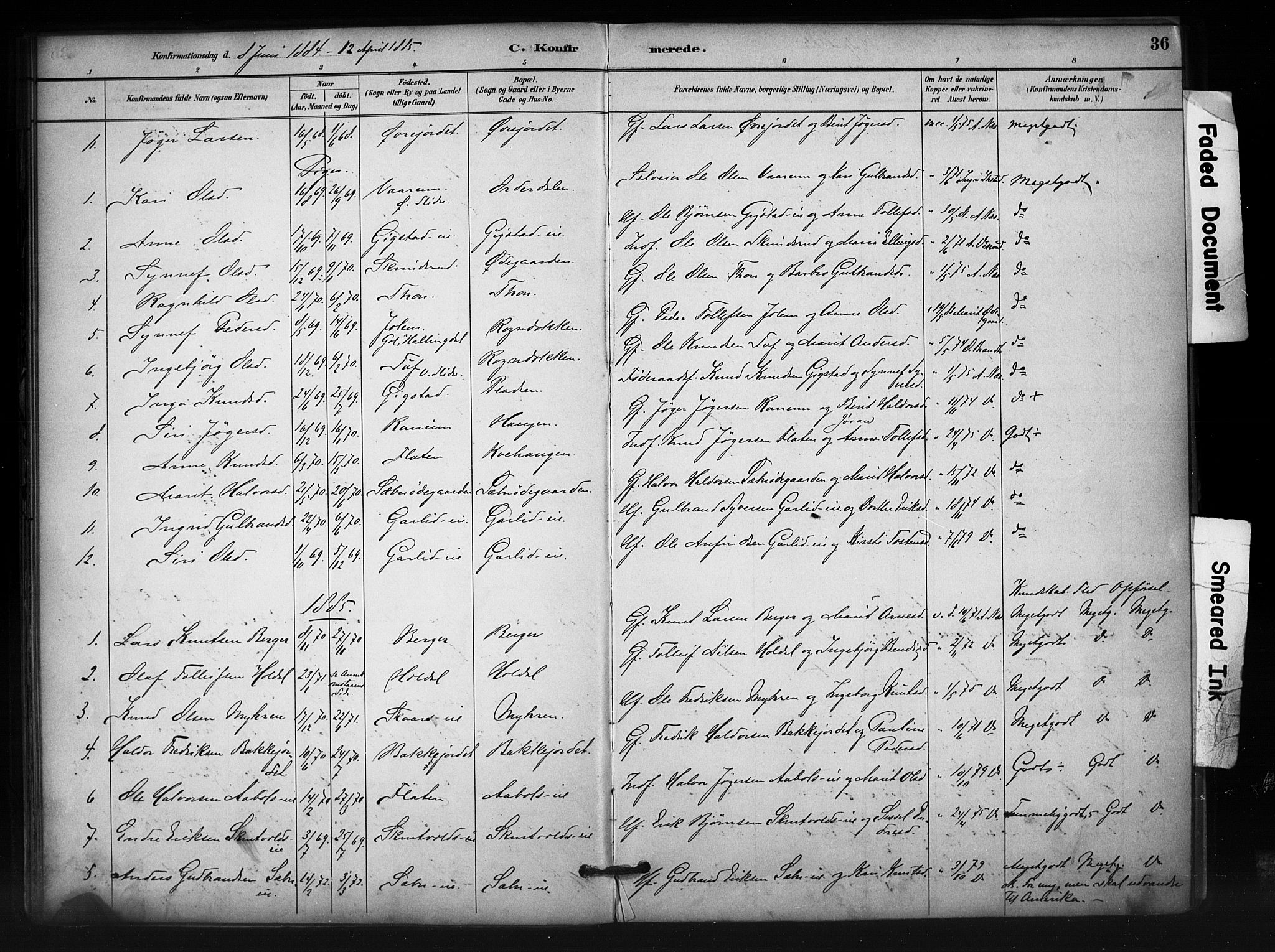 Nord-Aurdal prestekontor, SAH/PREST-132/H/Ha/Haa/L0012: Parish register (official) no. 12, 1883-1895, p. 36