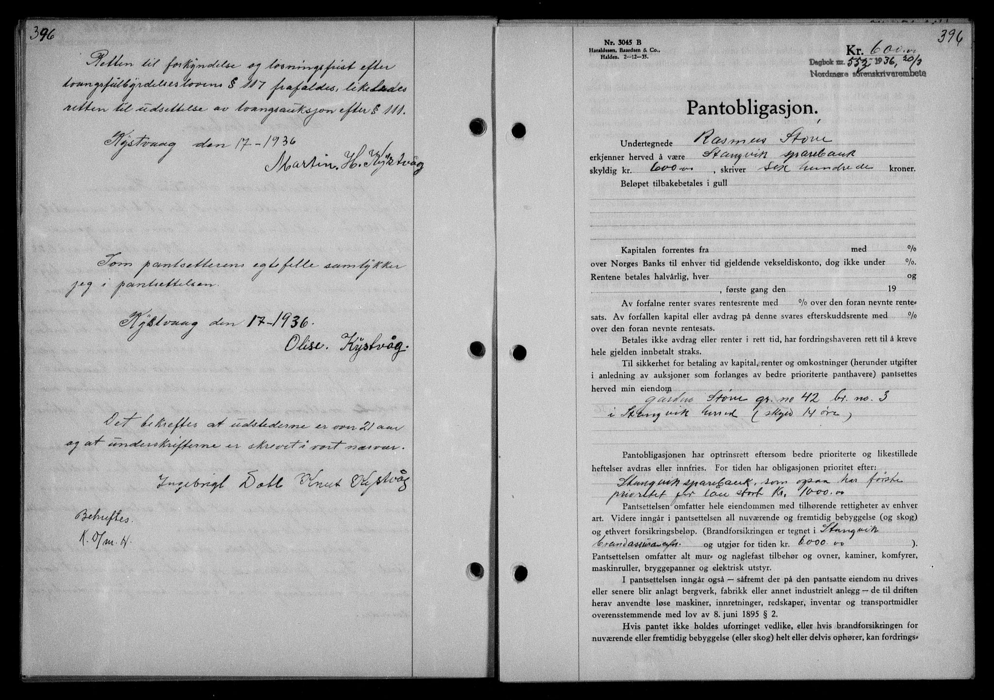 Nordmøre sorenskriveri, AV/SAT-A-4132/1/2/2Ca/L0087: Mortgage book no. 77, 1935-1936, Deed date: 20.03.1936