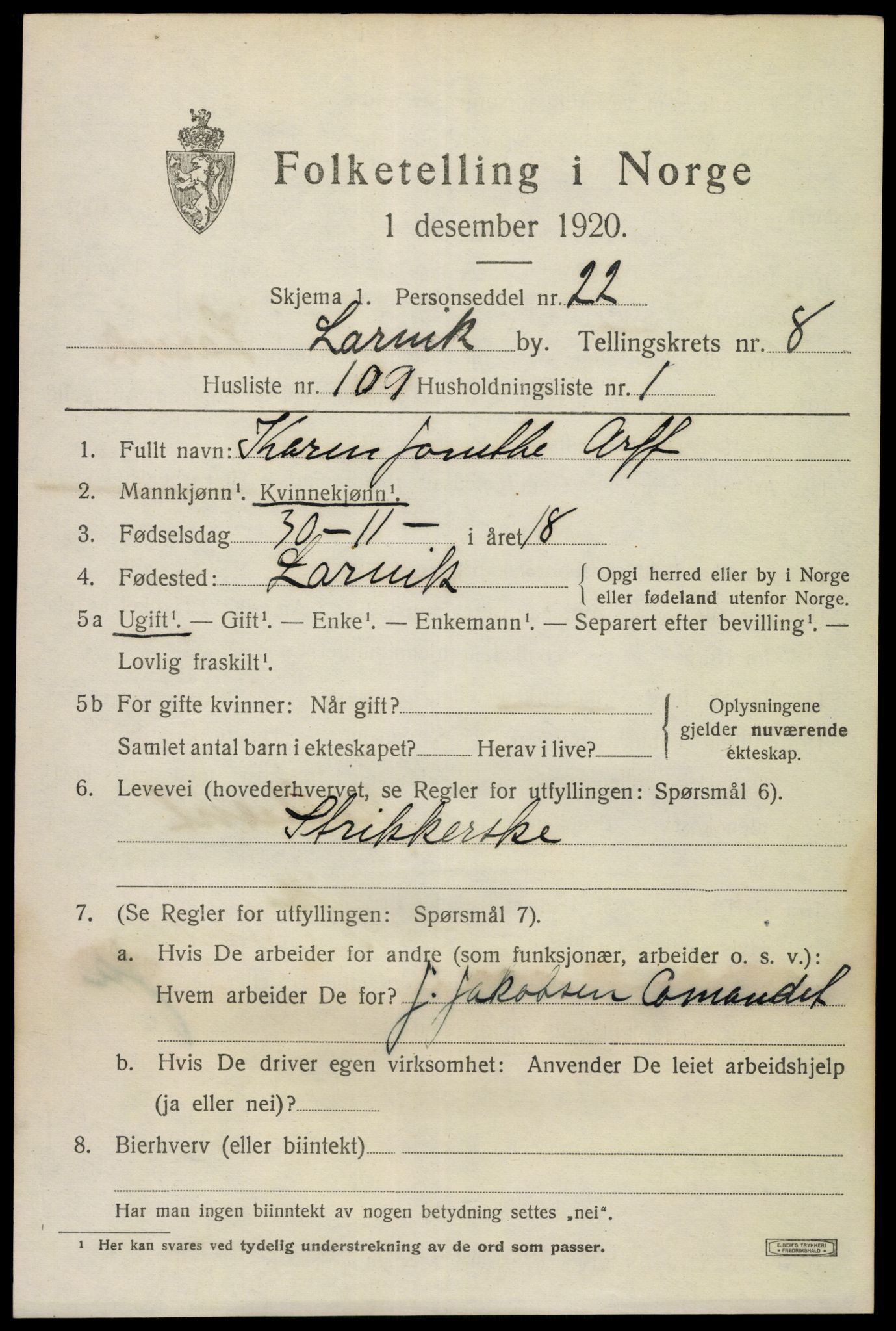 SAKO, 1920 census for Larvik, 1920, p. 24502