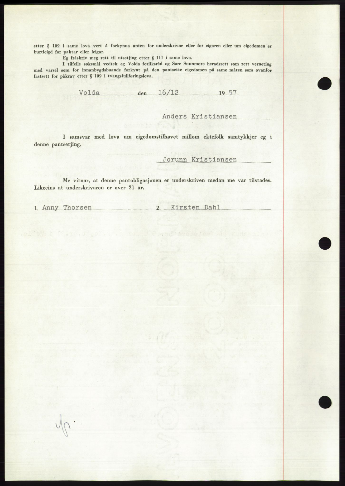 Søre Sunnmøre sorenskriveri, AV/SAT-A-4122/1/2/2C/L0130: Mortgage book no. 18B, 1957-1958, Diary no: : 3113/1957