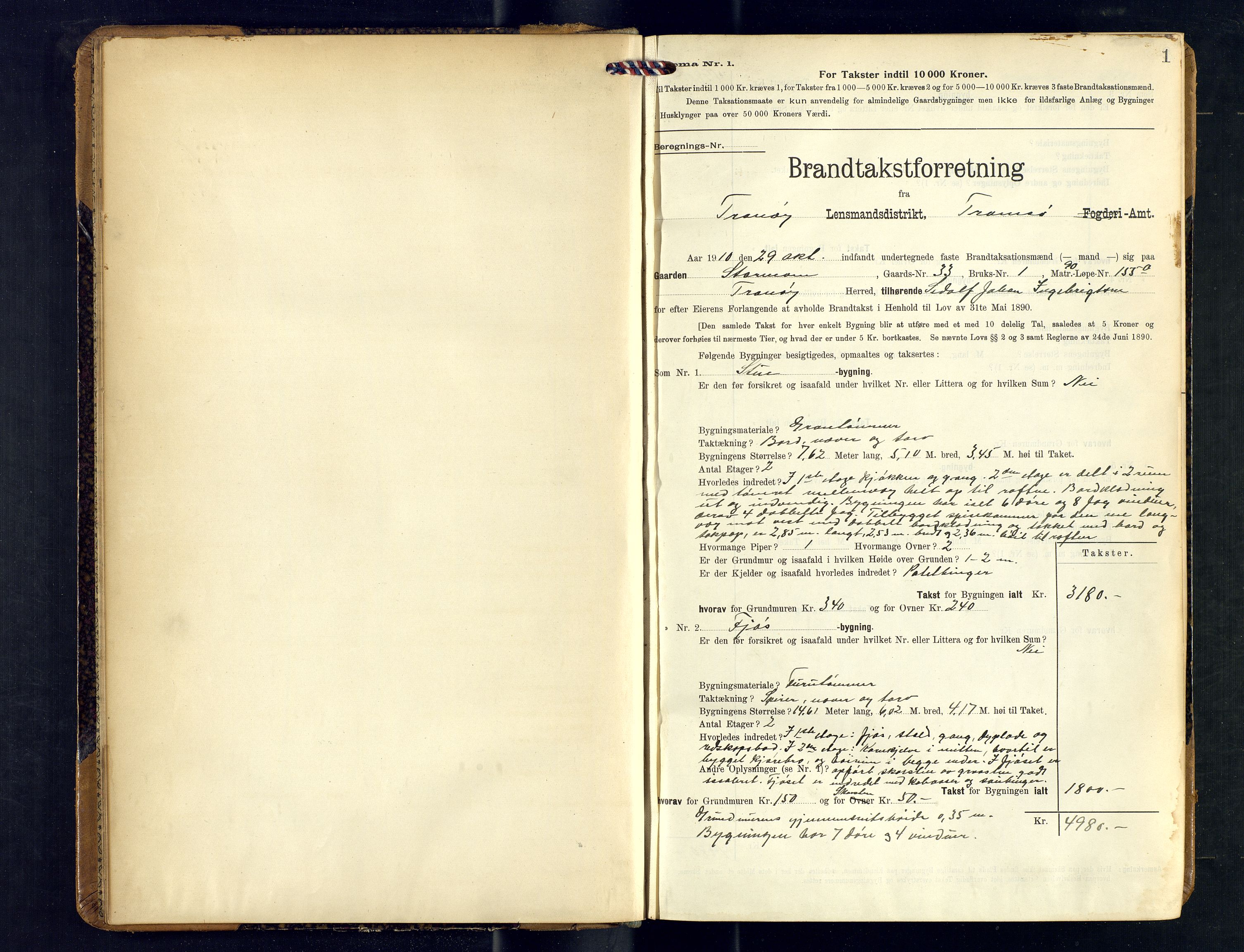 Tranøy lensmannskontor (Sørreisa lensmannskontor), AV/SATØ-SATØ-46/1/F/Fq/Fqc/L0255: Branntakstprotokoller, 1910-1912, p. 1