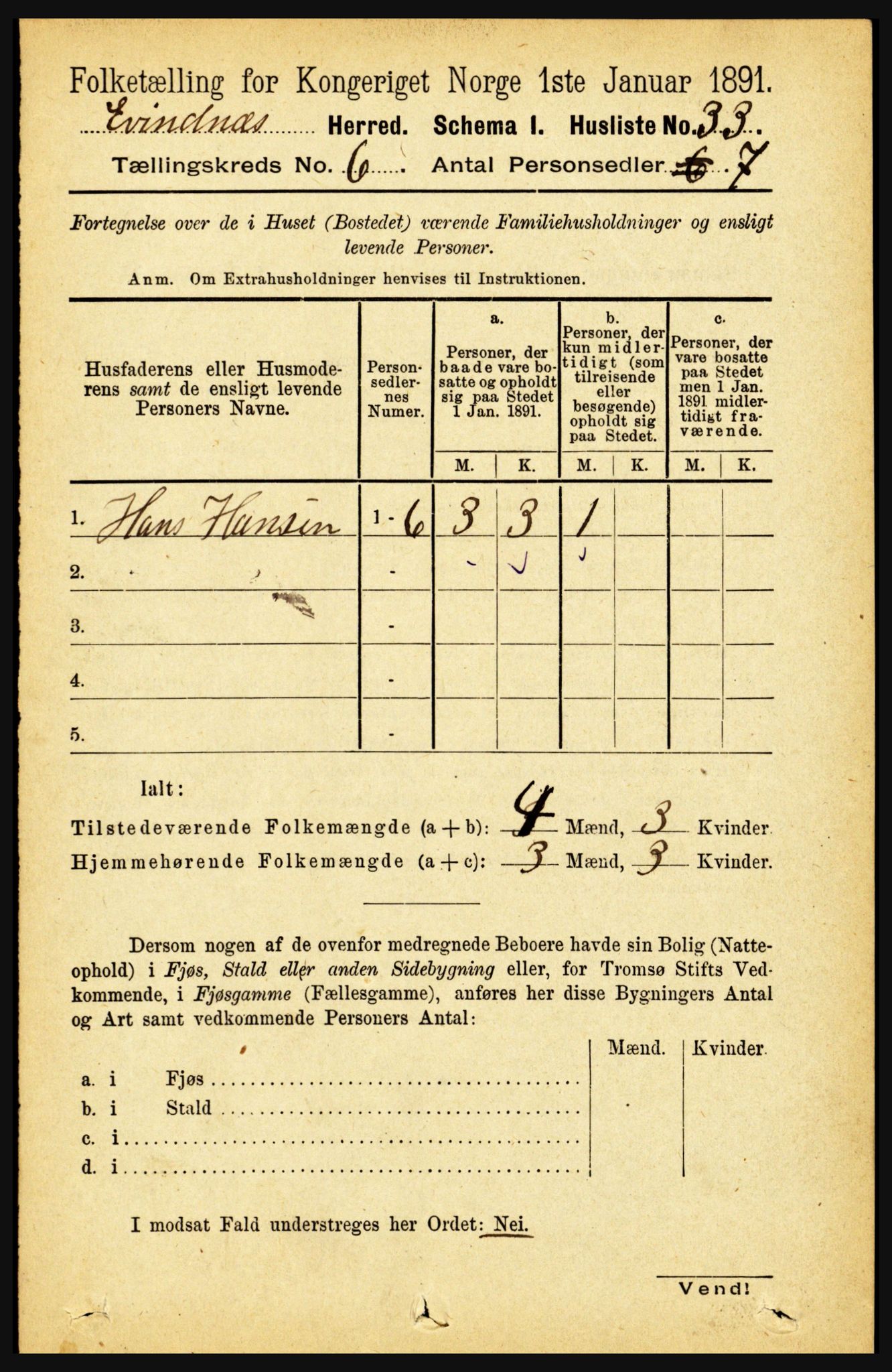 RA, 1891 census for 1853 Evenes, 1891, p. 1917