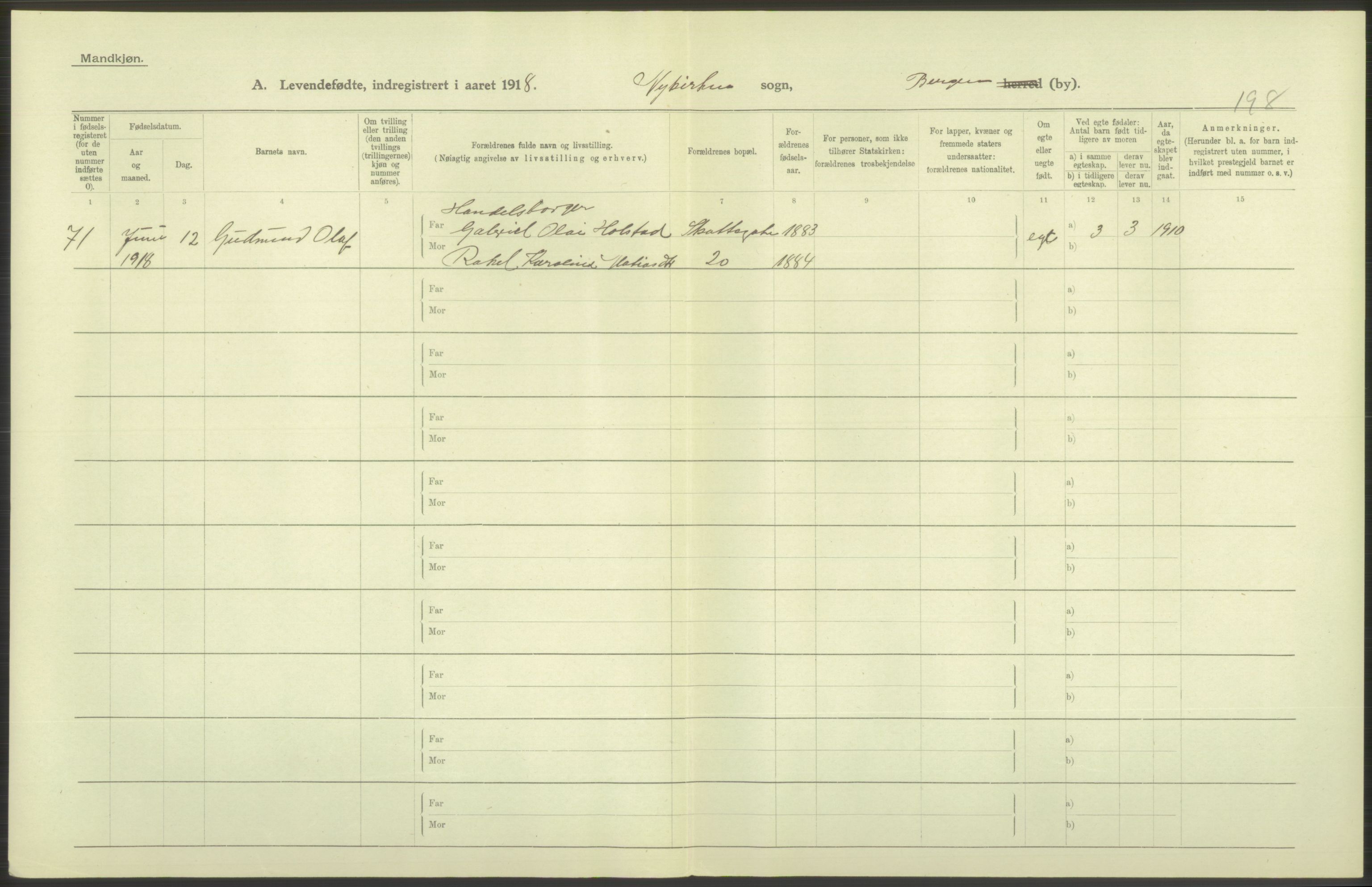 Statistisk sentralbyrå, Sosiodemografiske emner, Befolkning, AV/RA-S-2228/D/Df/Dfb/Dfbh/L0037: Bergen: Levendefødte menn og kvinner., 1918, p. 398