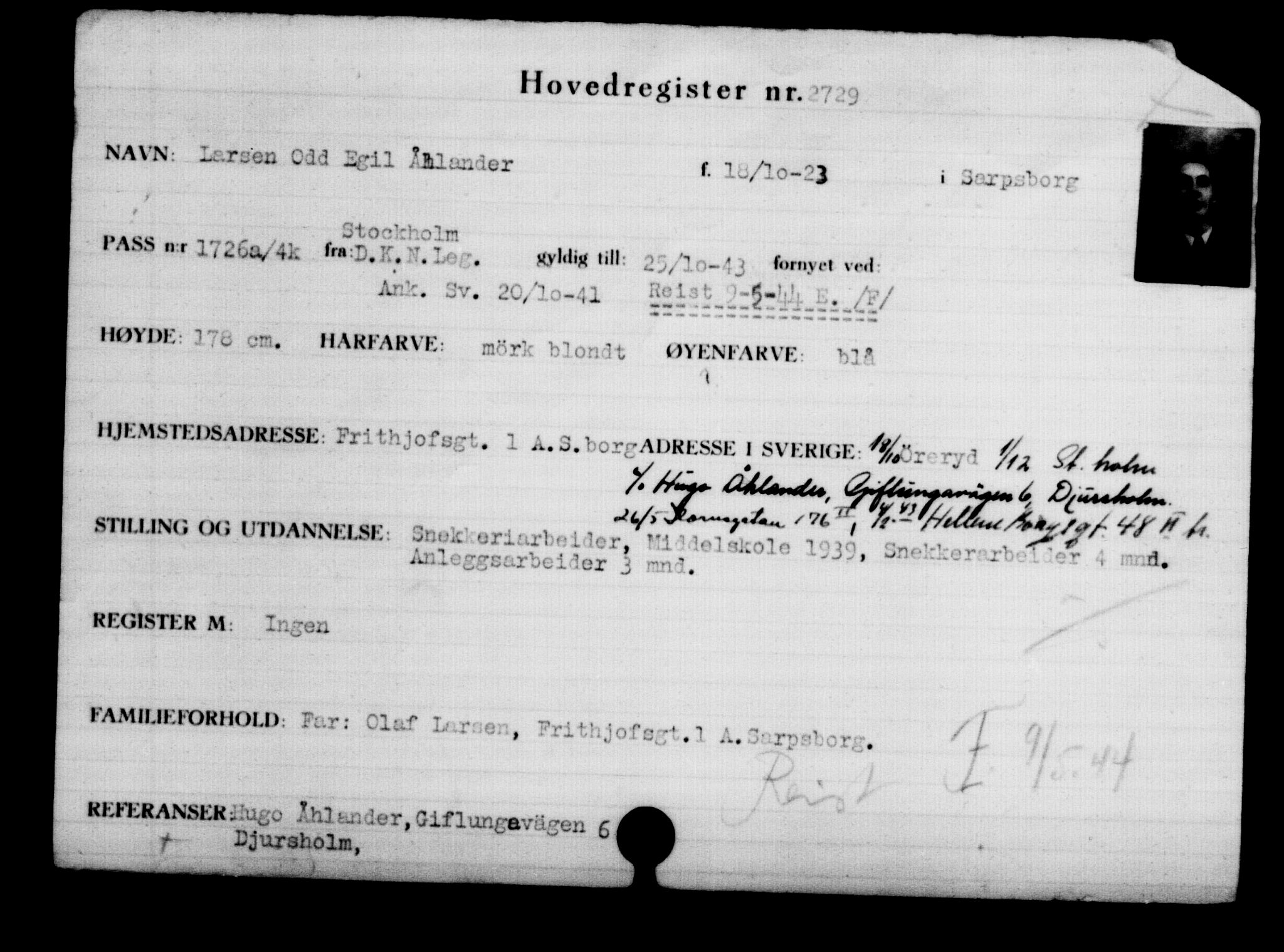 Den Kgl. Norske Legasjons Flyktningskontor, AV/RA-S-6753/V/Va/L0003: Kjesäterkartoteket.  Flyktningenr. 2001-3495, 1940-1945, p. 1113