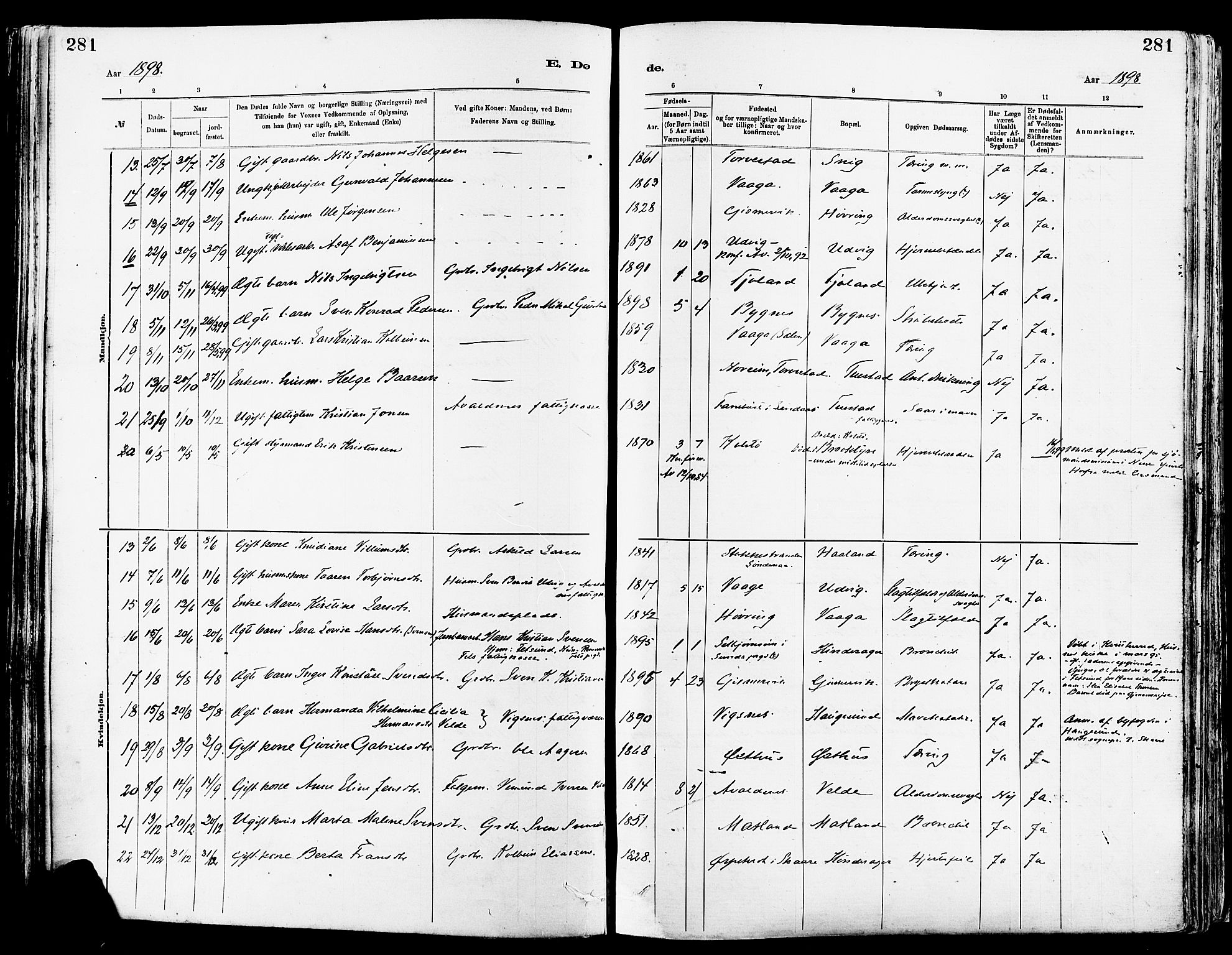 Avaldsnes sokneprestkontor, AV/SAST-A -101851/H/Ha/Haa/L0015: Parish register (official) no. A 15, 1880-1906, p. 281