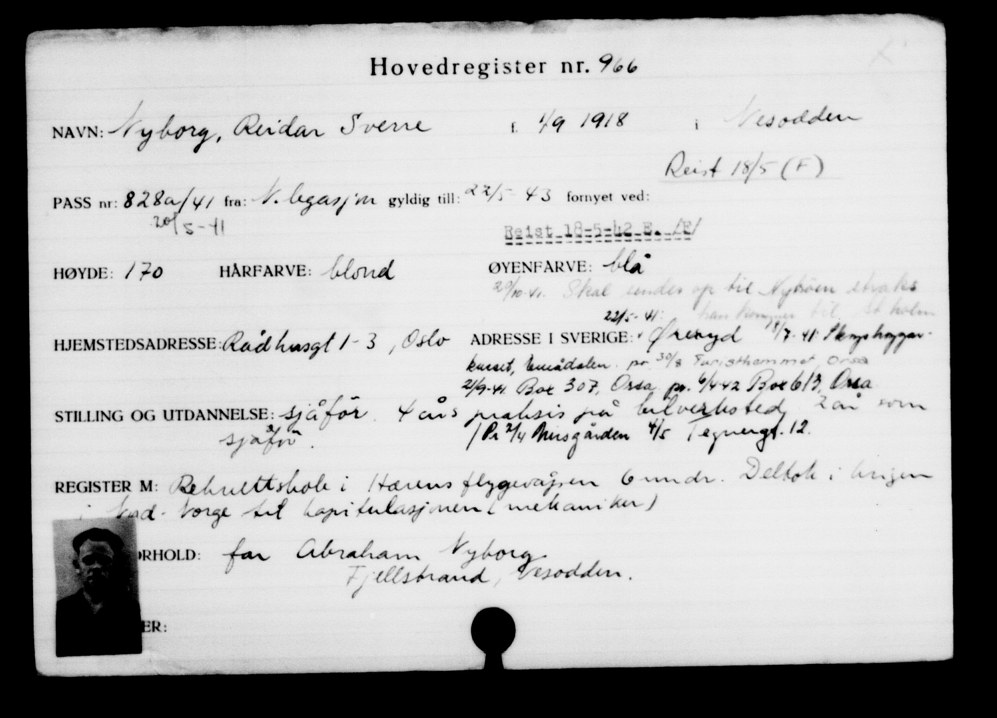 Utenriksstasjonene, Legasjonen i Stockholm, Flyktningkontoret, AV/RA-S-6753/V/Va/L0001: Kjesäterkartoteket, flyktninger med registreringsnr. 1-1000, 1940-1945, p. 1499