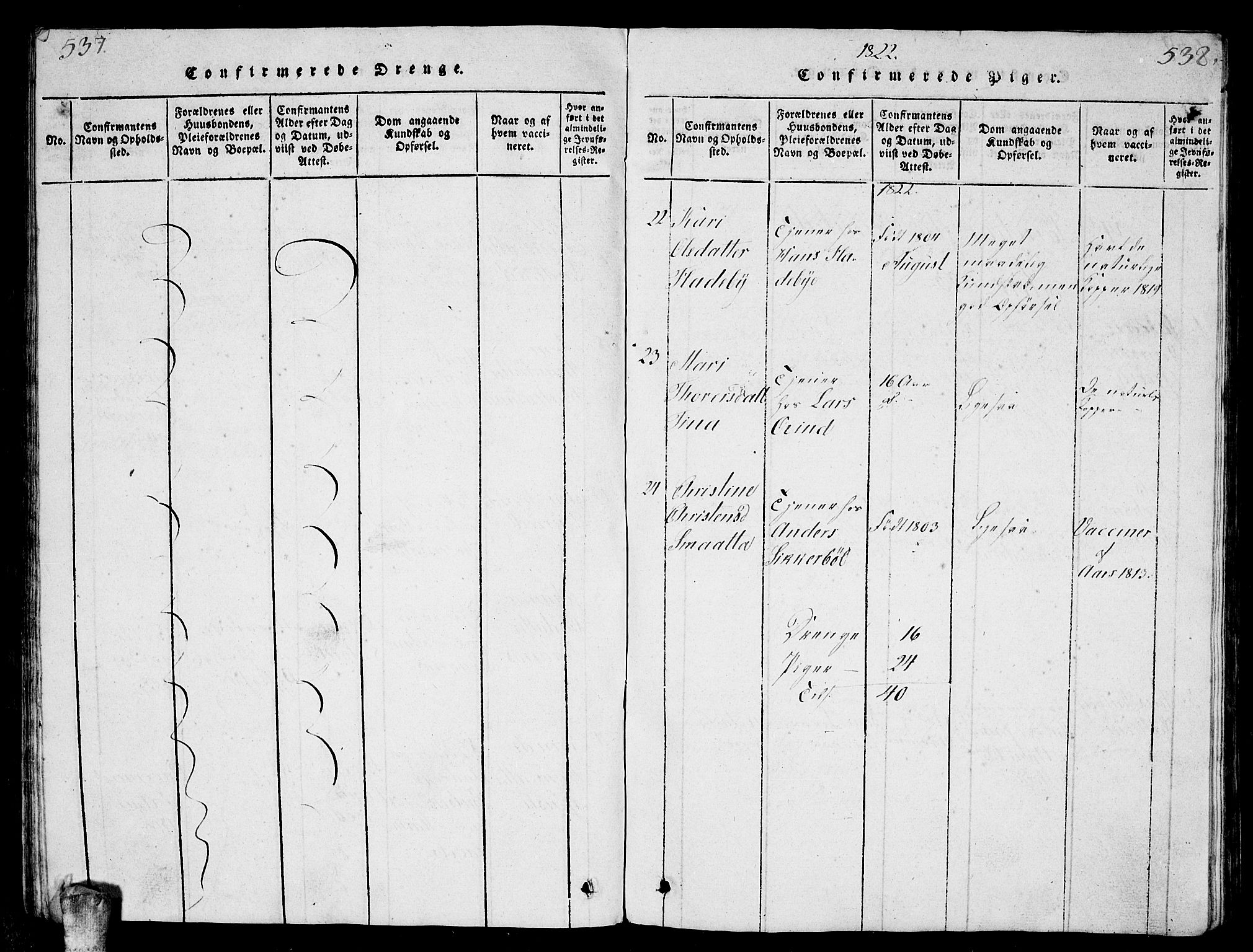 Enebakk prestekontor Kirkebøker, AV/SAO-A-10171c/G/Ga/L0001: Parish register (copy) no. I 1, 1815-1833, p. 537-538