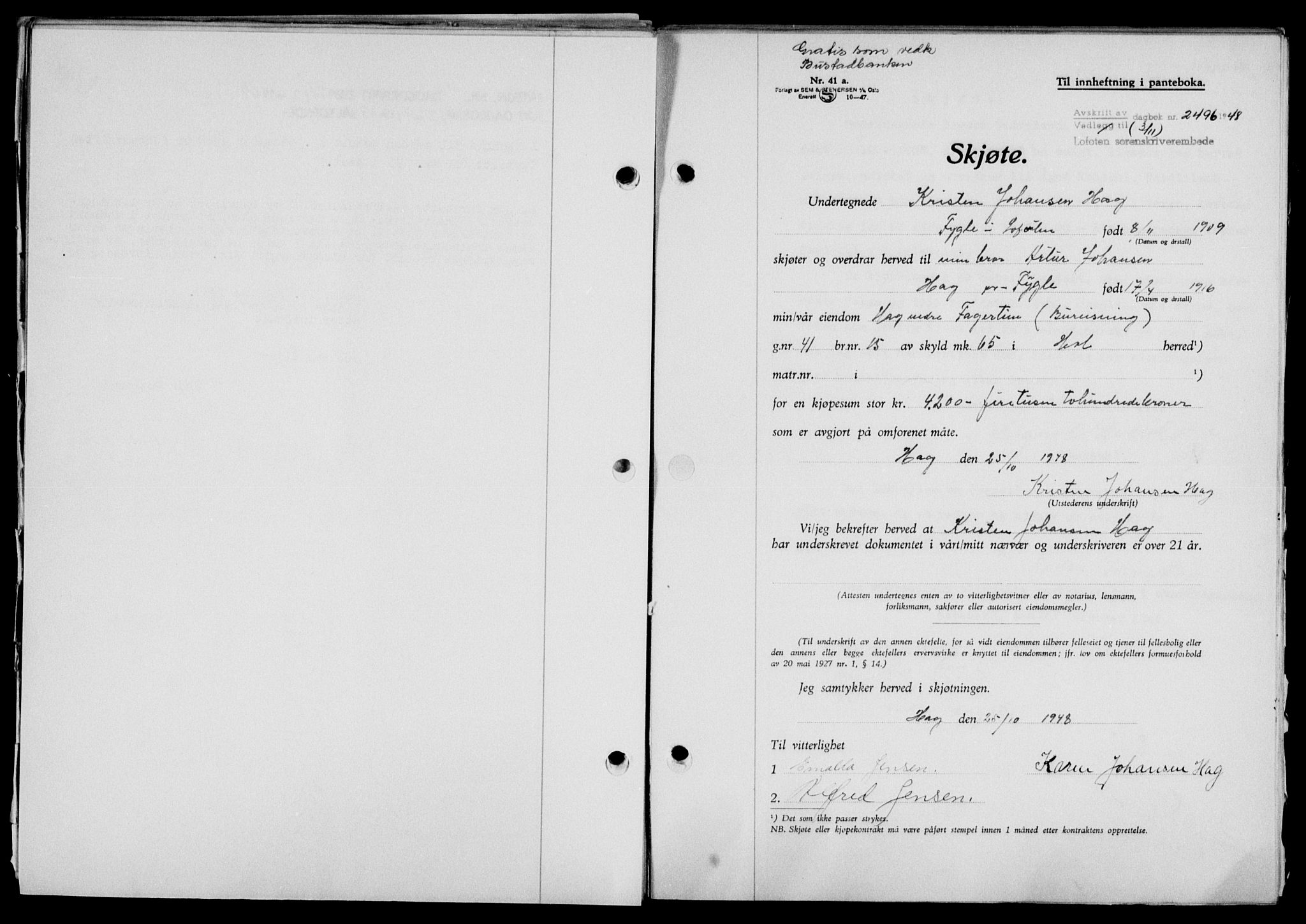 Lofoten sorenskriveri, SAT/A-0017/1/2/2C/L0019a: Mortgage book no. 19a, 1948-1948, Diary no: : 2496/1948