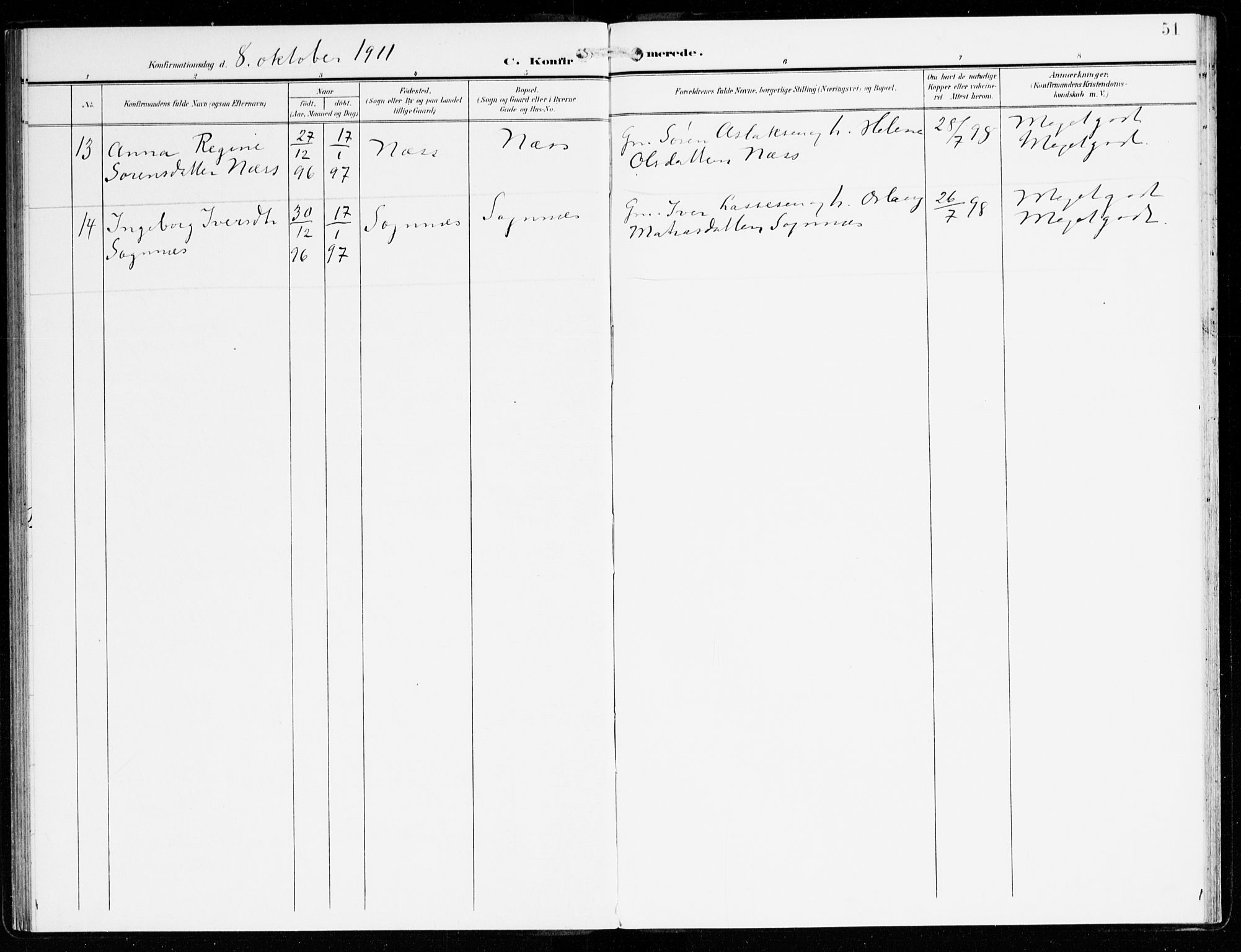 Hyllestad sokneprestembete, SAB/A-80401: Parish register (official) no. C 2, 1904-1917, p. 51