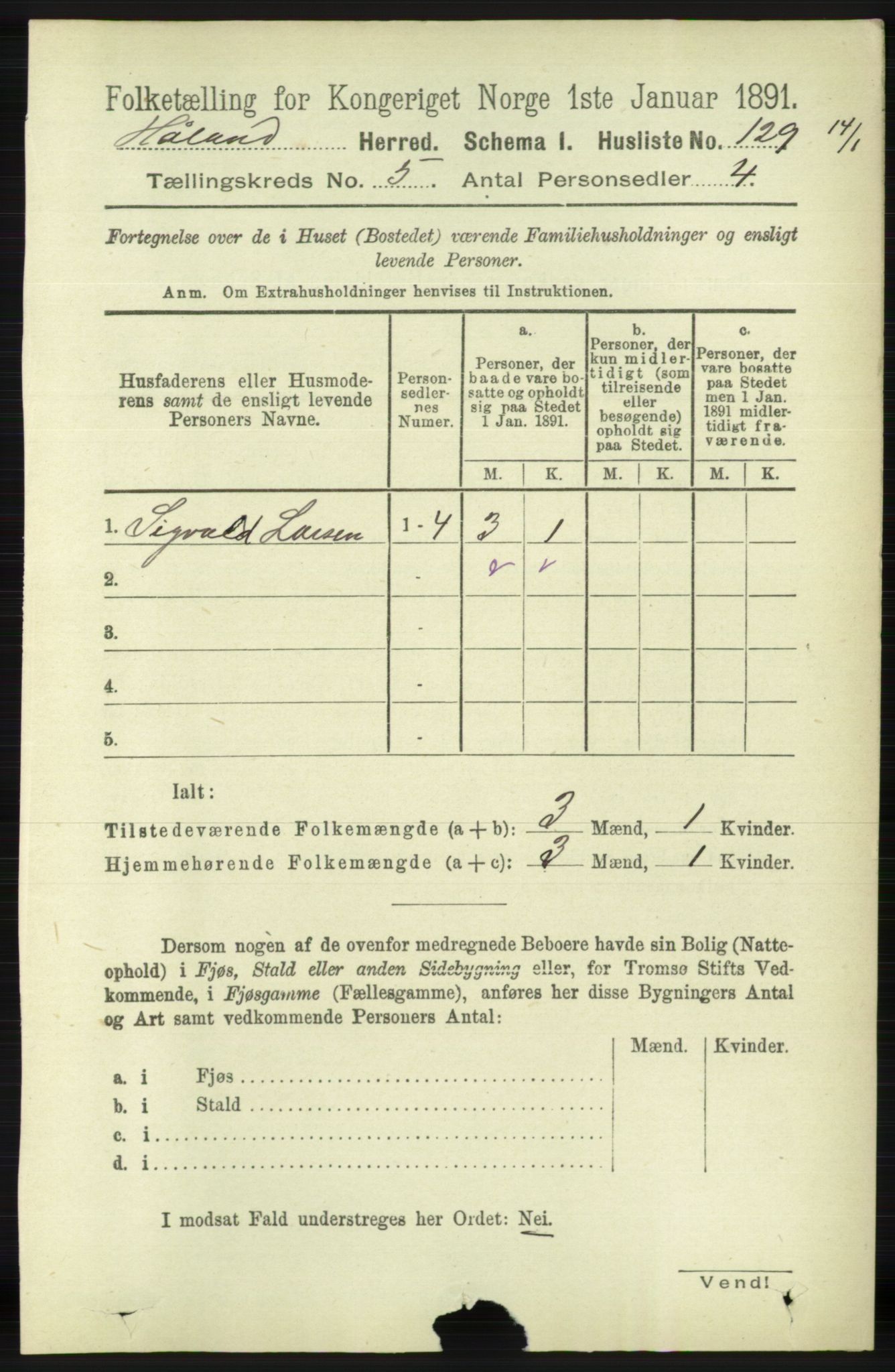 RA, 1891 census for 1124 Haaland, 1891, p. 3295