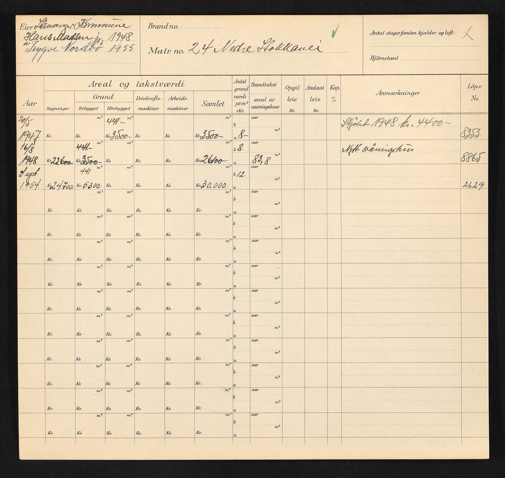 Stavanger kommune. Skattetakstvesenet, BYST/A-0440/F/Fa/Faa/L0032/0002: Skattetakstkort / Nedre Stokkavei 22 - Nedre Strandgate 16