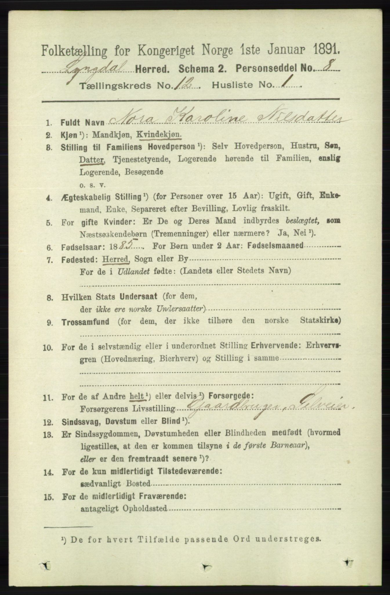 RA, 1891 census for 1032 Lyngdal, 1891, p. 5264