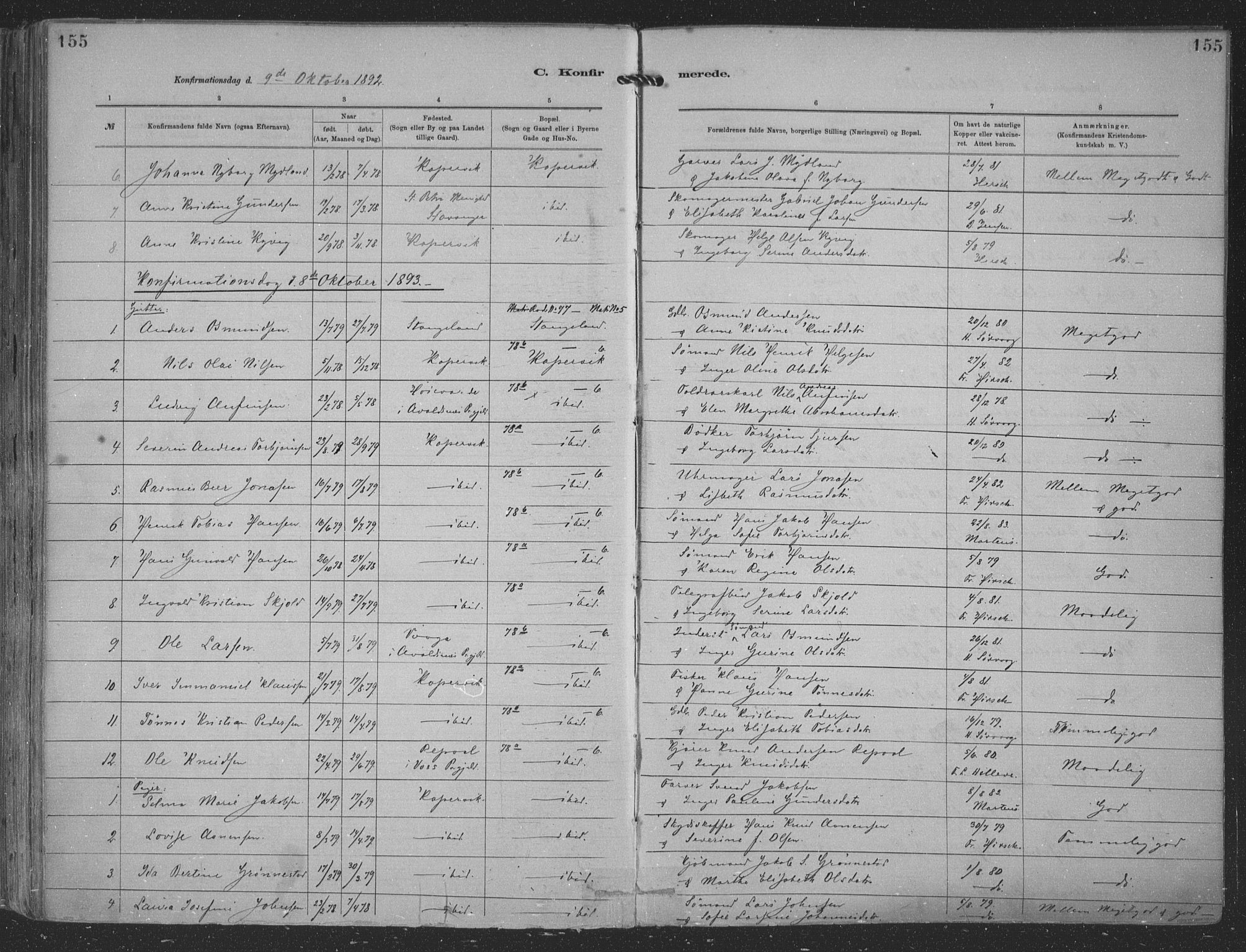 Kopervik sokneprestkontor, AV/SAST-A-101850/H/Ha/Haa/L0001: Parish register (official) no. A 1, 1880-1919, p. 155