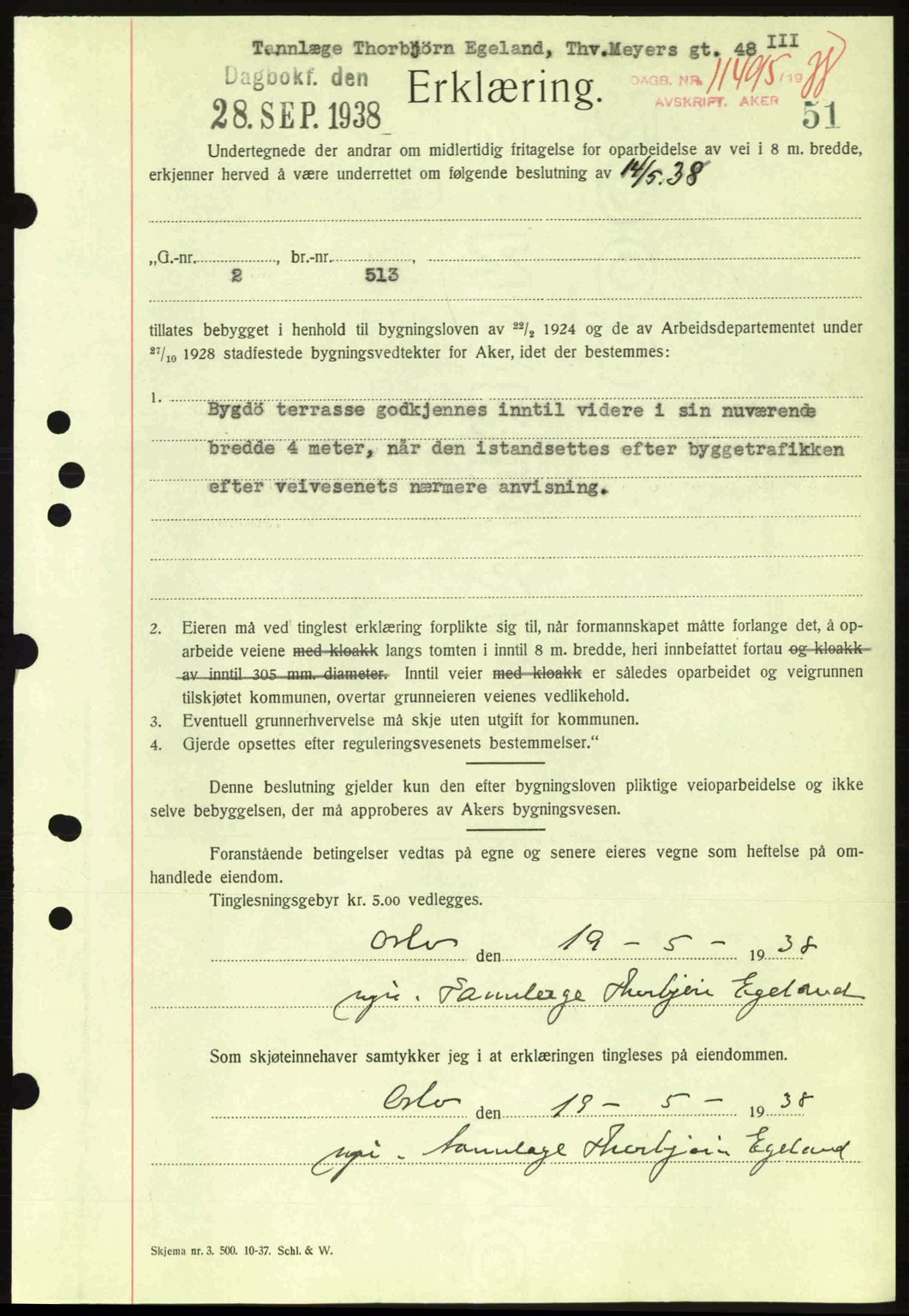 Aker herredsskriveri, SAO/A-10896/G/Gb/Gba/Gbab/L0025: Mortgage book no. A154-155, 1938-1938, Diary no: : 11495/1938