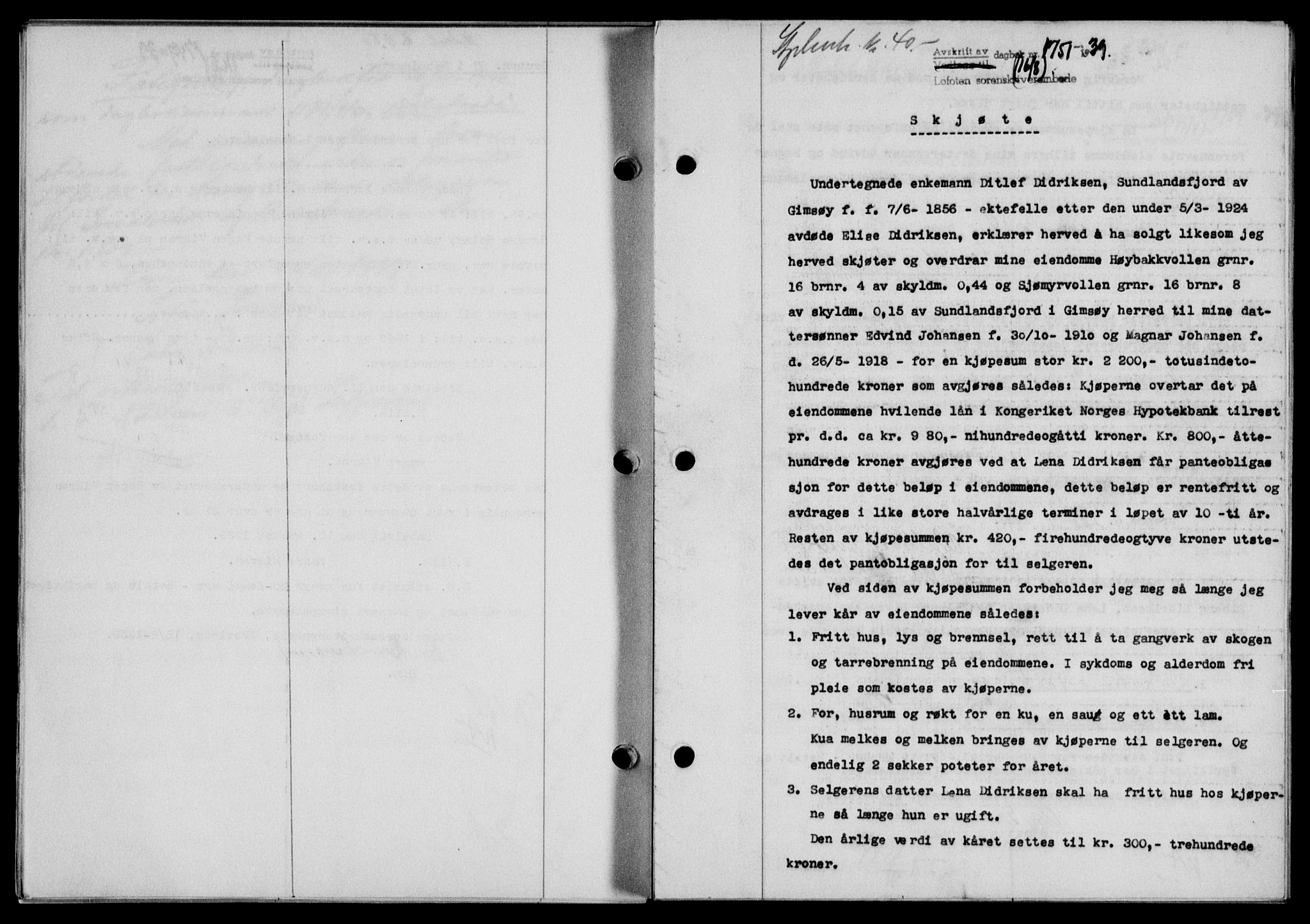 Lofoten sorenskriveri, SAT/A-0017/1/2/2C/L0006a: Mortgage book no. 6a, 1939-1939, Diary no: : 1751/1939
