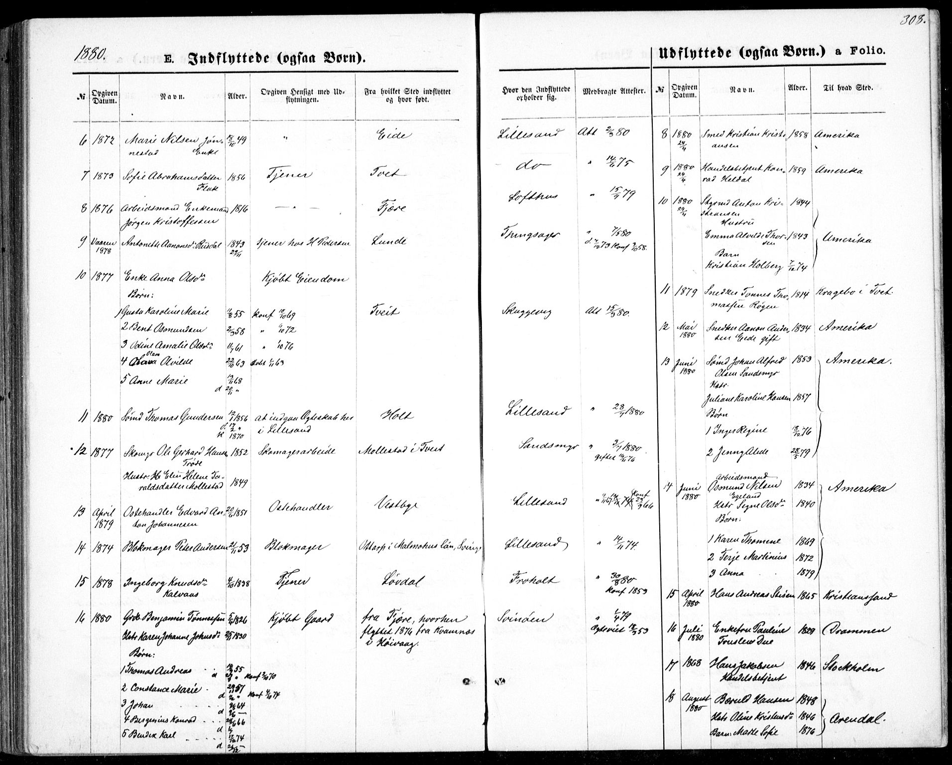 Vestre Moland sokneprestkontor, AV/SAK-1111-0046/F/Fb/Fbb/L0005: Parish register (copy) no. B 5, 1872-1883, p. 308