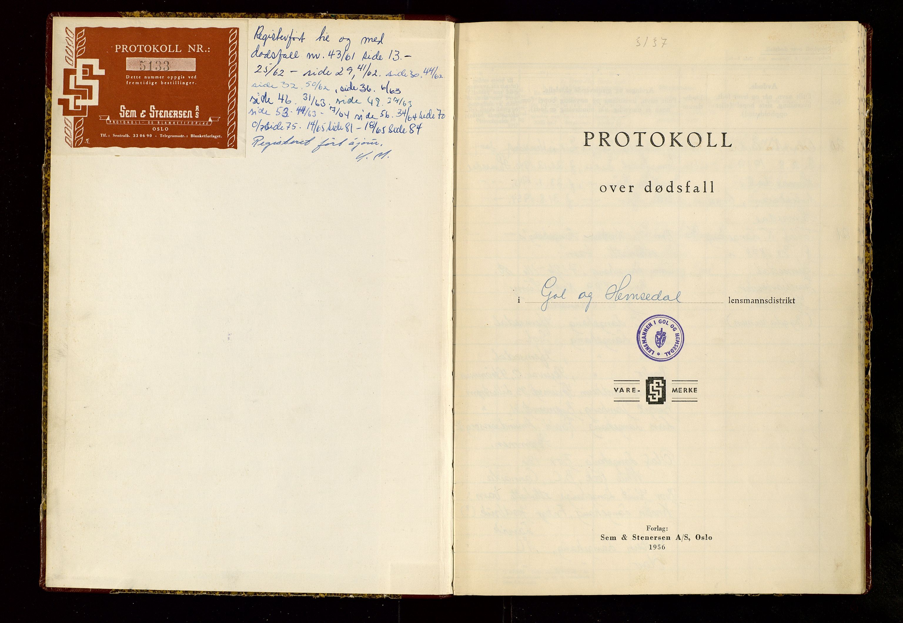 Gol og Hemsedal lensmannskontor, AV/SAKO-A-510/H/Ha/L0004: Dødsfallsprotokoll, 1961-1965