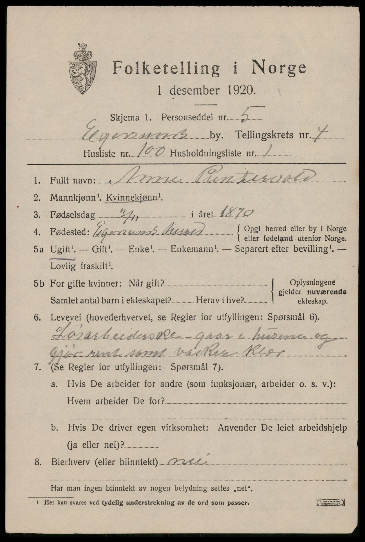 SAST, 1920 census for Egersund town, 1920, p. 7914