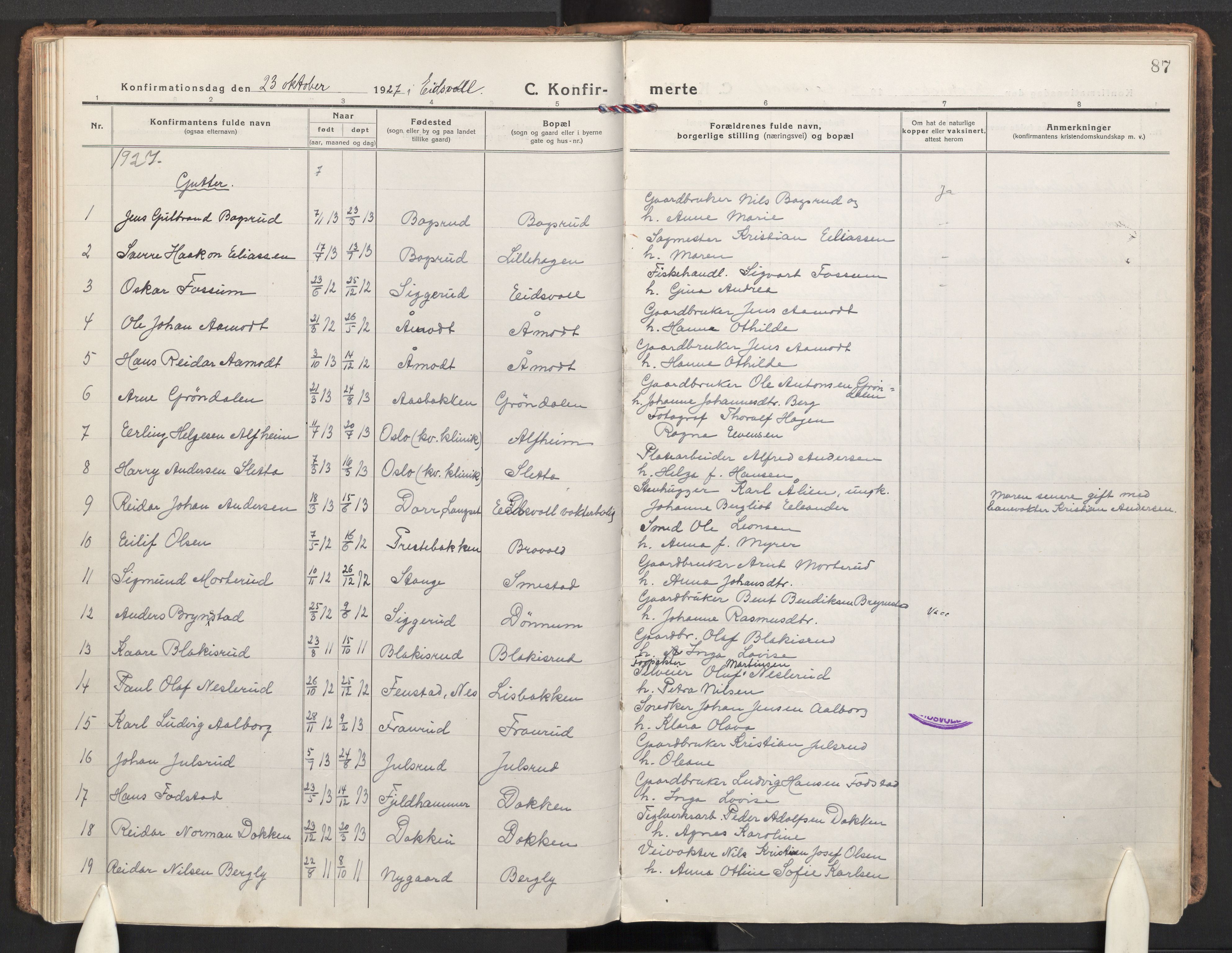 Eidsvoll prestekontor Kirkebøker, SAO/A-10888/F/Fa: Parish register (official) no. I 9, 1918-1935, p. 87