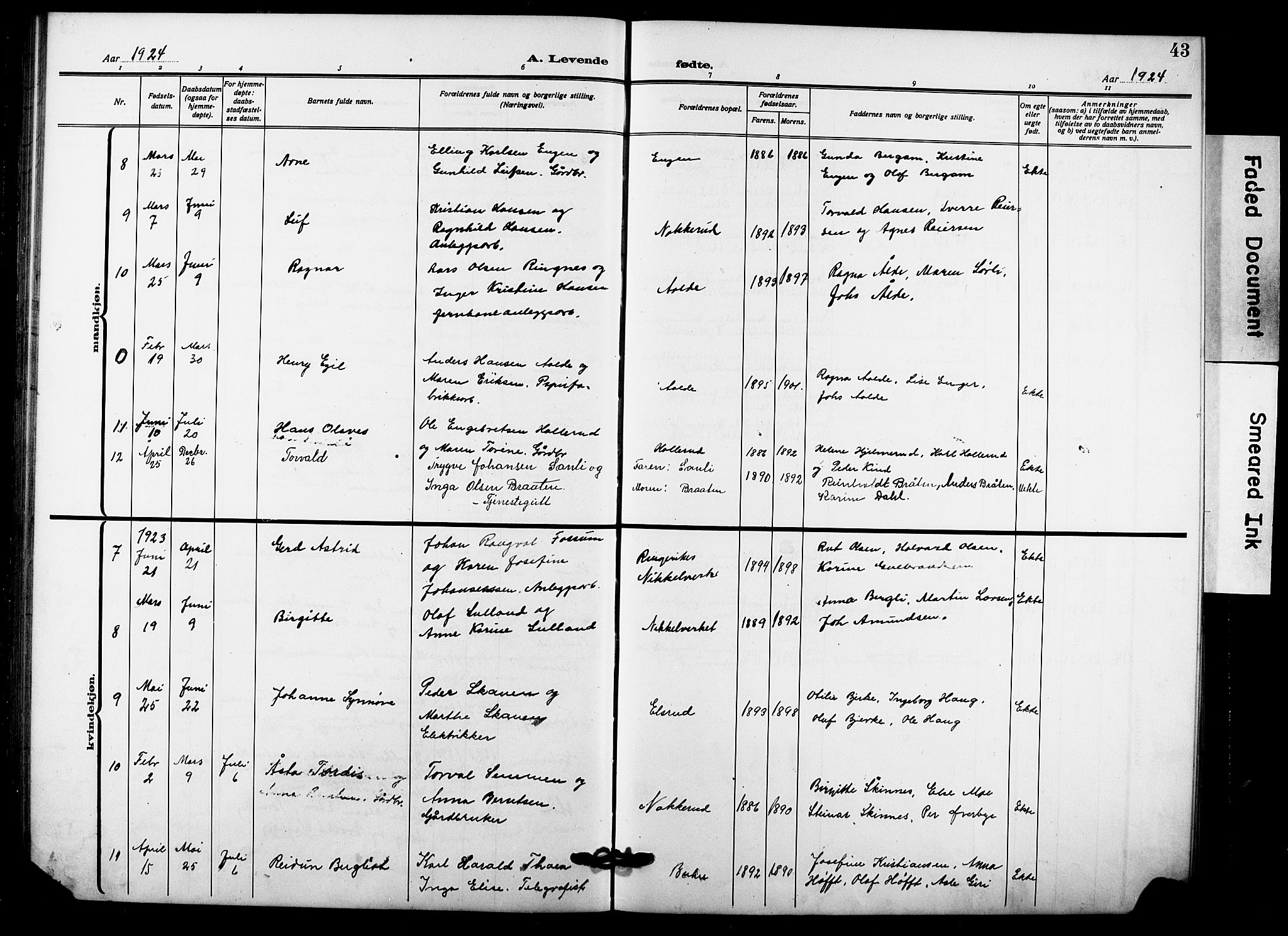 Hole kirkebøker, AV/SAKO-A-228/G/Gb/L0005: Parish register (copy) no. II 5, 1915-1932, p. 43