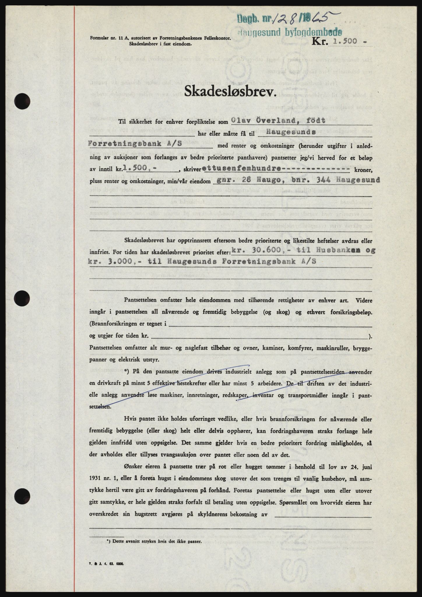 Haugesund tingrett, SAST/A-101415/01/II/IIC/L0053: Mortgage book no. B 53, 1965-1965, Diary no: : 128/1965