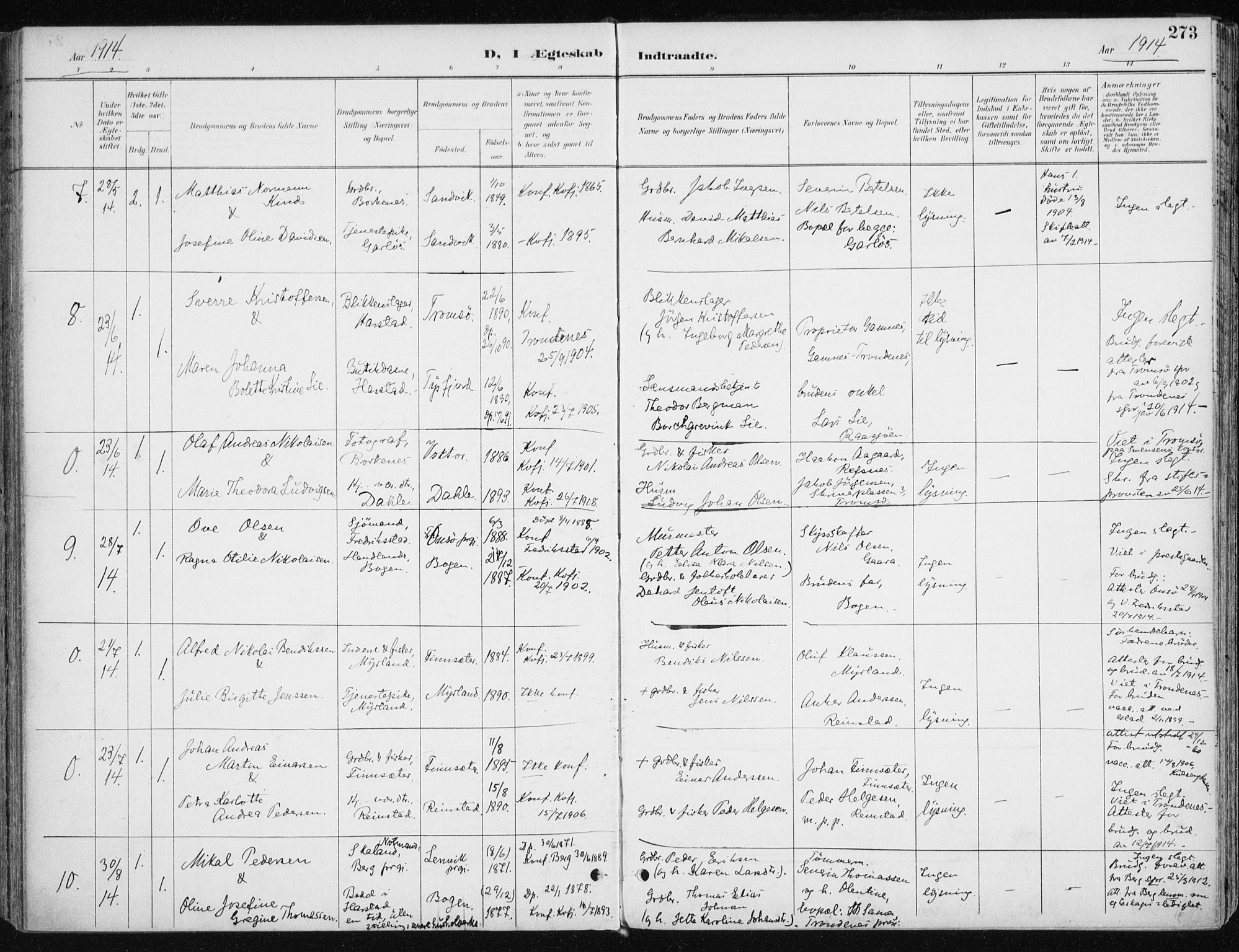 Kvæfjord sokneprestkontor, AV/SATØ-S-1323/G/Ga/Gaa/L0006kirke: Parish register (official) no. 6, 1895-1914, p. 273