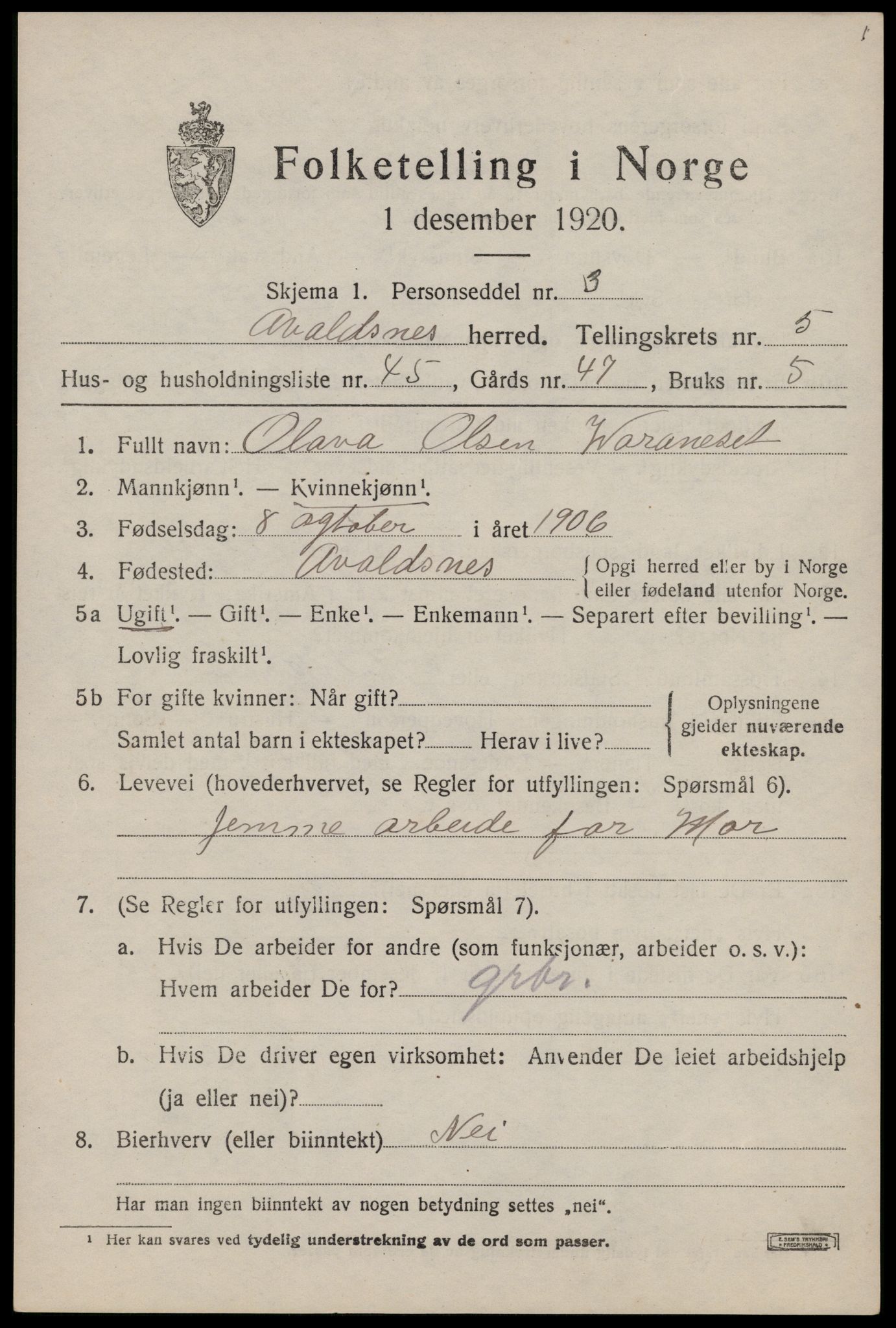 SAST, 1920 census for Avaldsnes, 1920, p. 5639