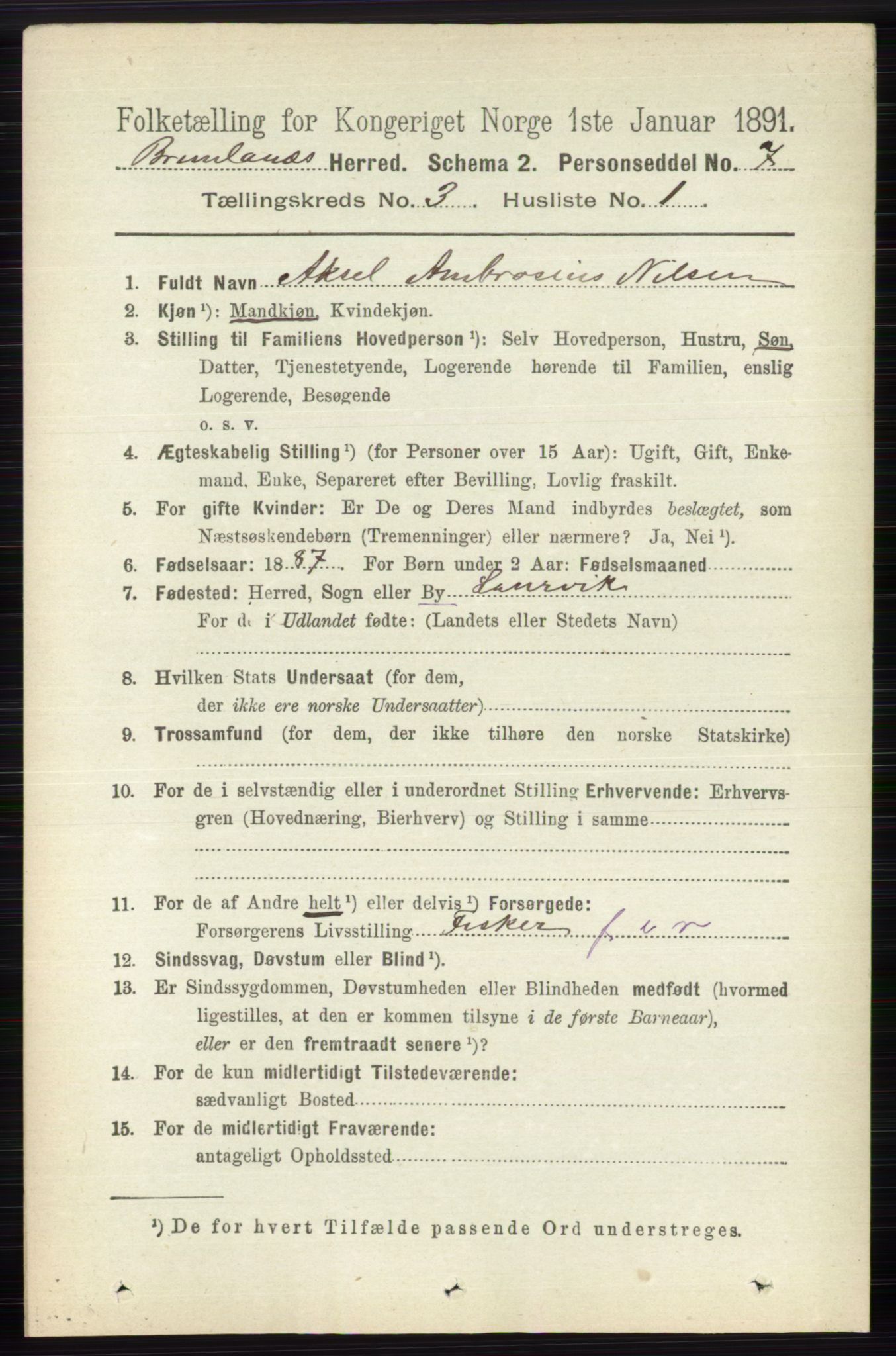 RA, 1891 census for 0726 Brunlanes, 1891, p. 1357