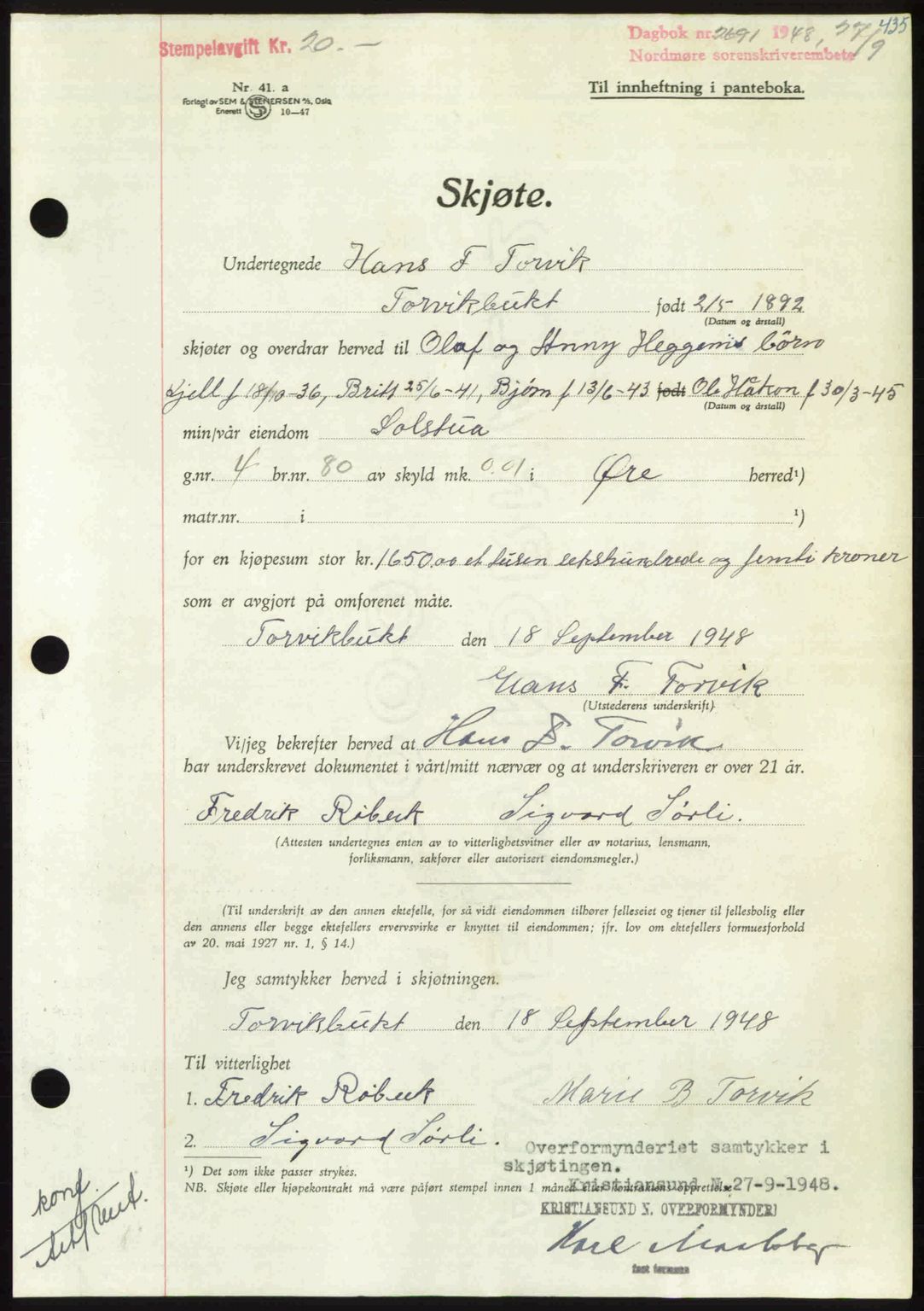 Nordmøre sorenskriveri, AV/SAT-A-4132/1/2/2Ca: Mortgage book no. A109, 1948-1948, Diary no: : 2691/1948