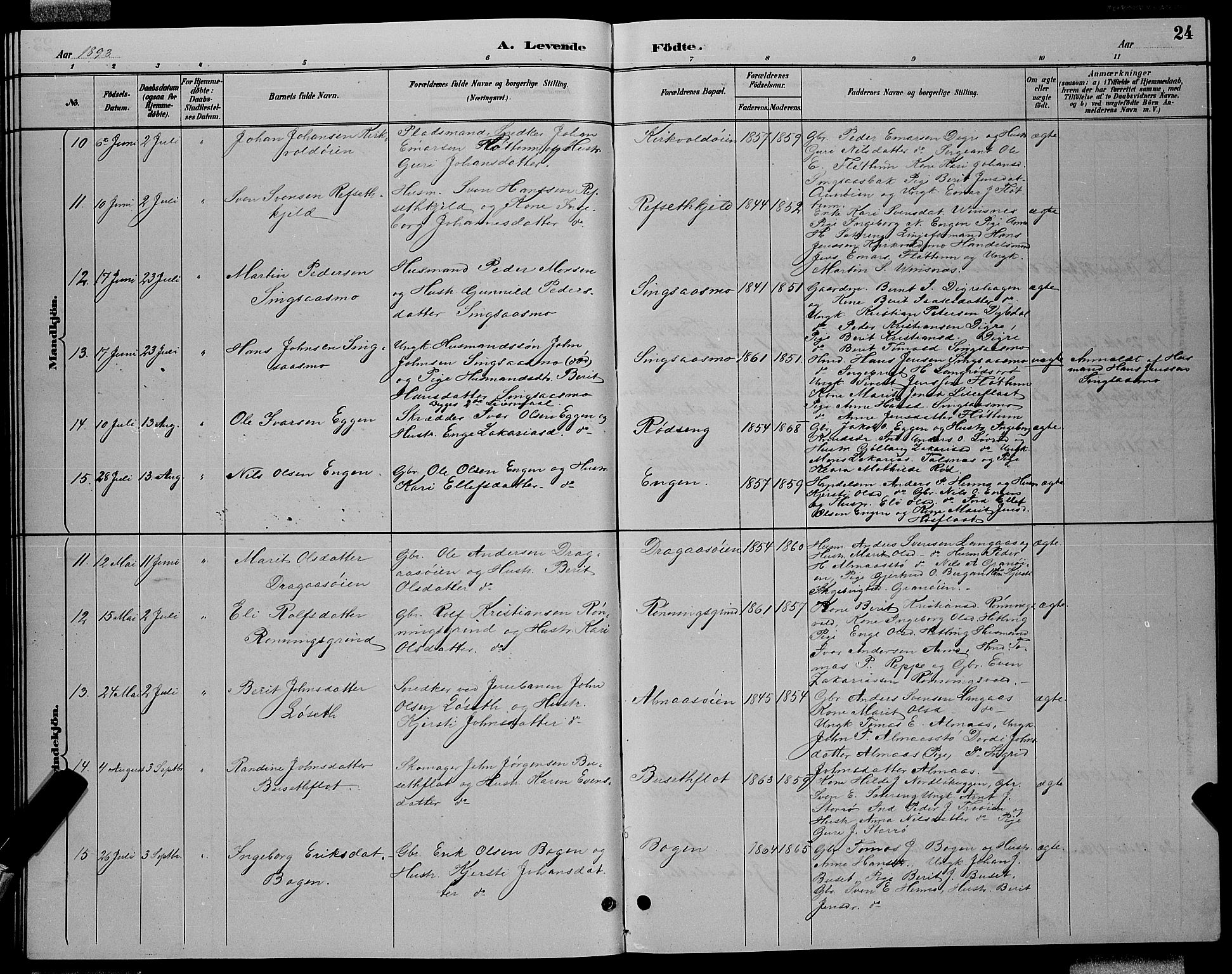 Ministerialprotokoller, klokkerbøker og fødselsregistre - Sør-Trøndelag, AV/SAT-A-1456/688/L1028: Parish register (copy) no. 688C03, 1889-1899, p. 24