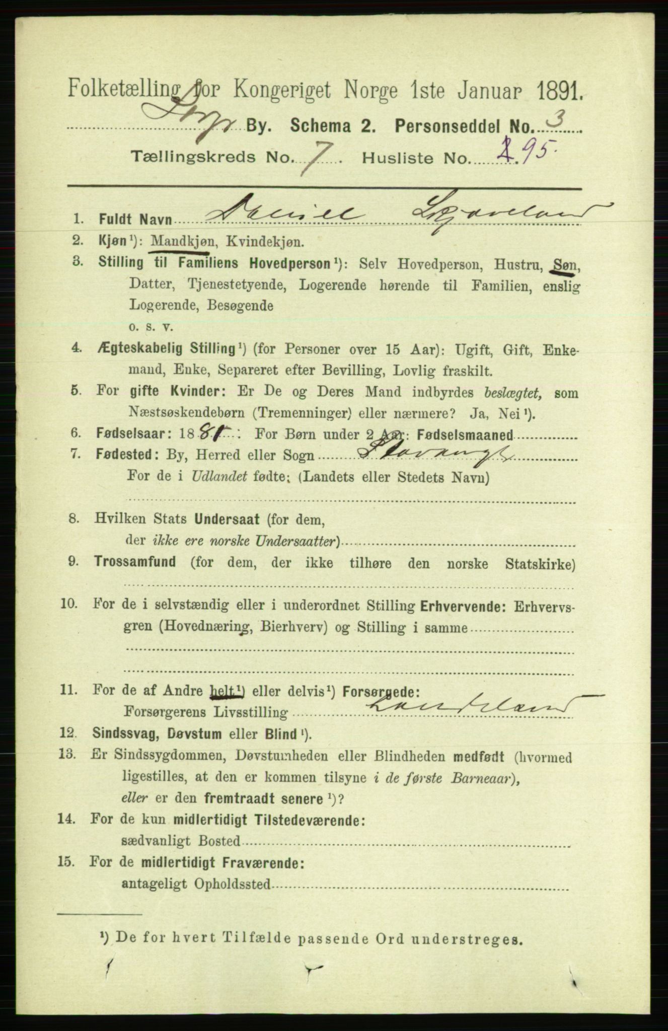 RA, 1891 census for 1103 Stavanger, 1891, p. 11969