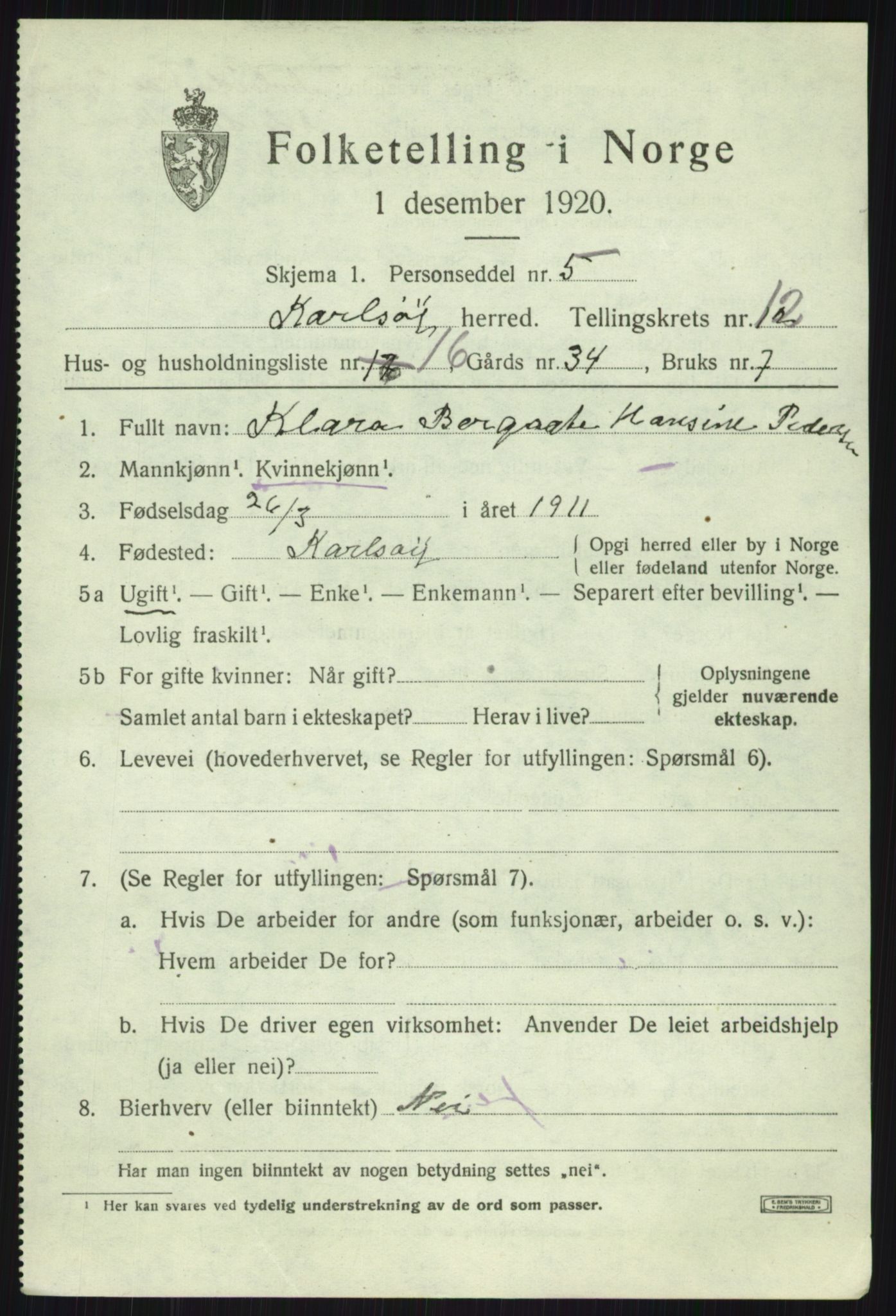 SATØ, 1920 census for Karlsøy, 1920, p. 4429
