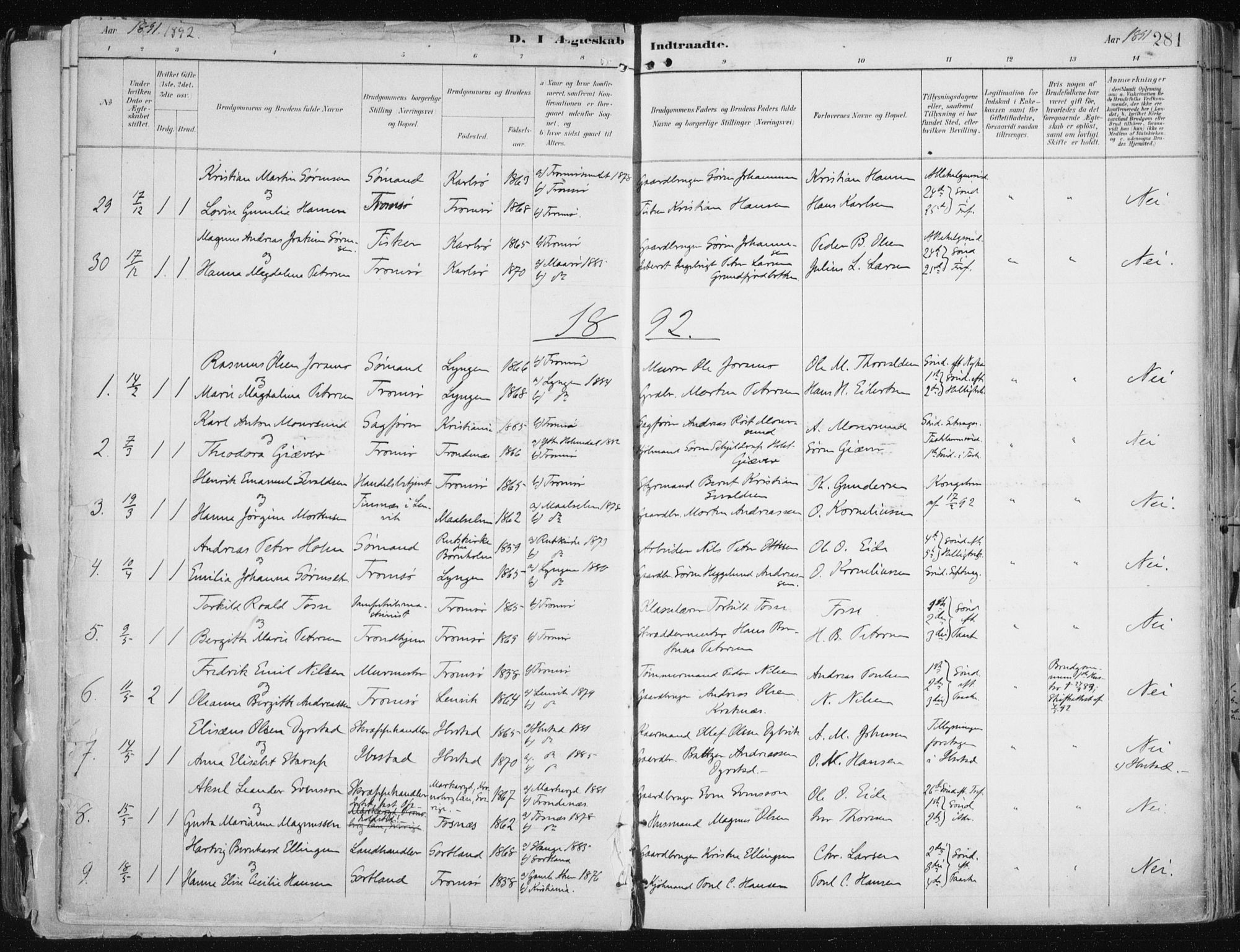 Tromsø sokneprestkontor/stiftsprosti/domprosti, SATØ/S-1343/G/Ga/L0015kirke: Parish register (official) no. 15, 1889-1899, p. 281