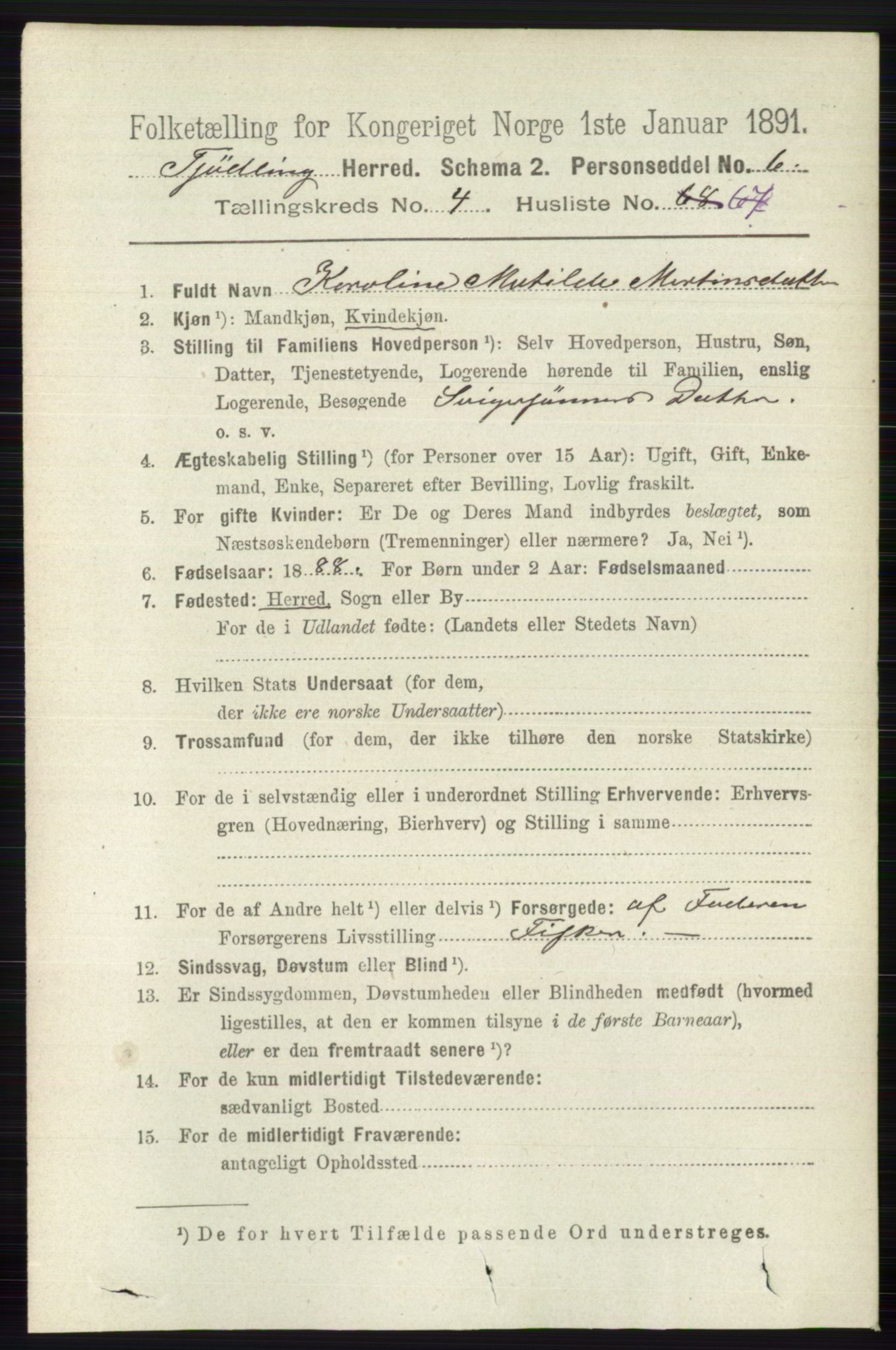 RA, 1891 census for 0725 Tjølling, 1891, p. 1825