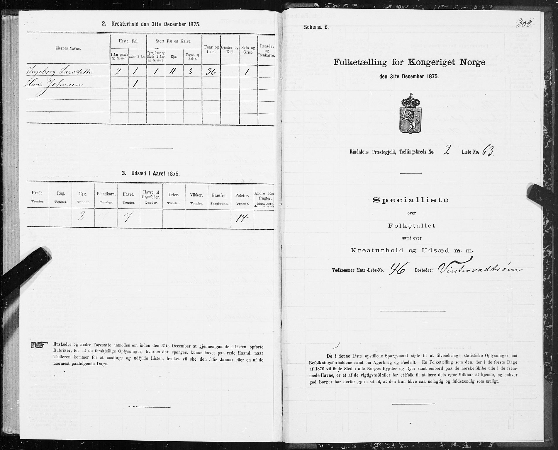 SAT, 1875 census for 1567P Rindal, 1875, p. 1308