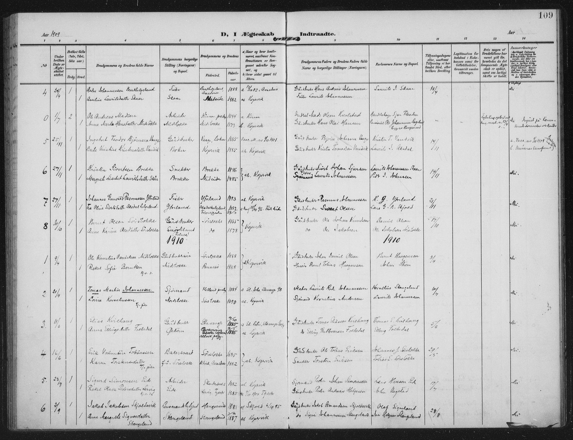 Kopervik sokneprestkontor, AV/SAST-A-101850/H/Ha/Haa/L0003: Parish register (official) no. A 3, 1906-1924, p. 109