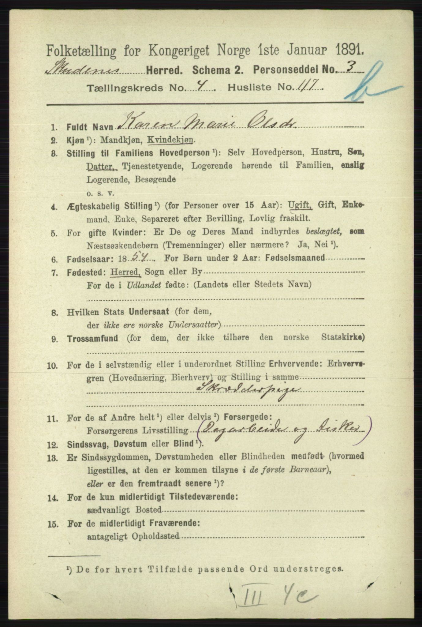 RA, 1891 census for 1150 Skudenes, 1891, p. 5162