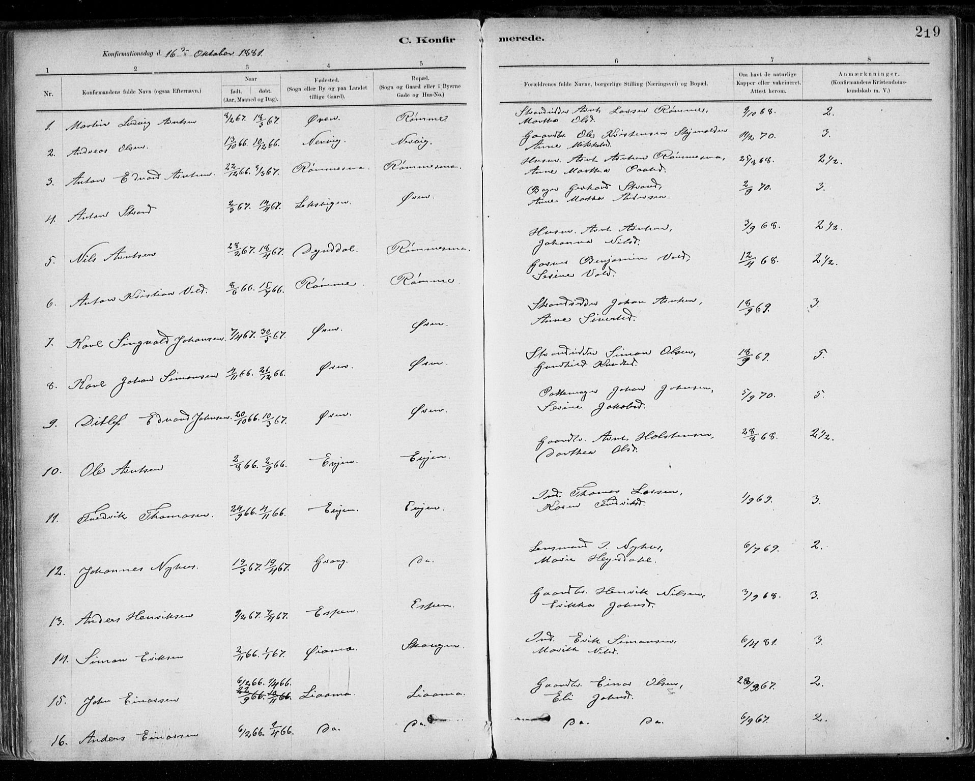 Ministerialprotokoller, klokkerbøker og fødselsregistre - Sør-Trøndelag, AV/SAT-A-1456/668/L0809: Parish register (official) no. 668A09, 1881-1895, p. 219