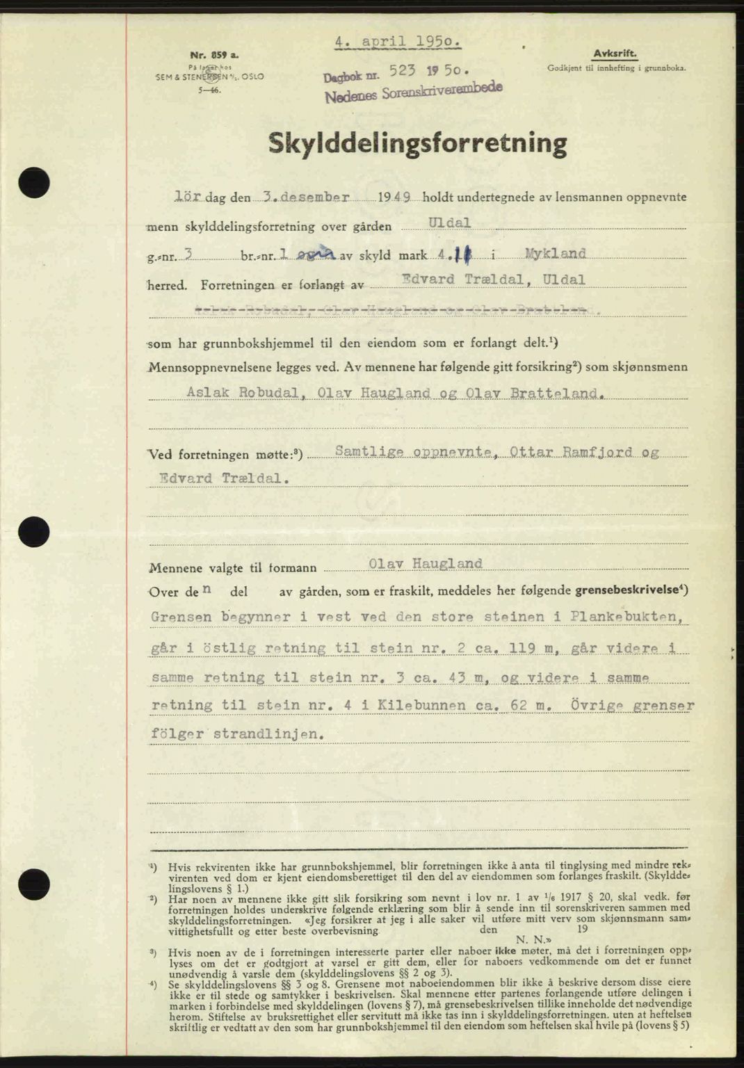 Nedenes sorenskriveri, SAK/1221-0006/G/Gb/Gba/L0062: Mortgage book no. A14, 1949-1950, Diary no: : 523/1950