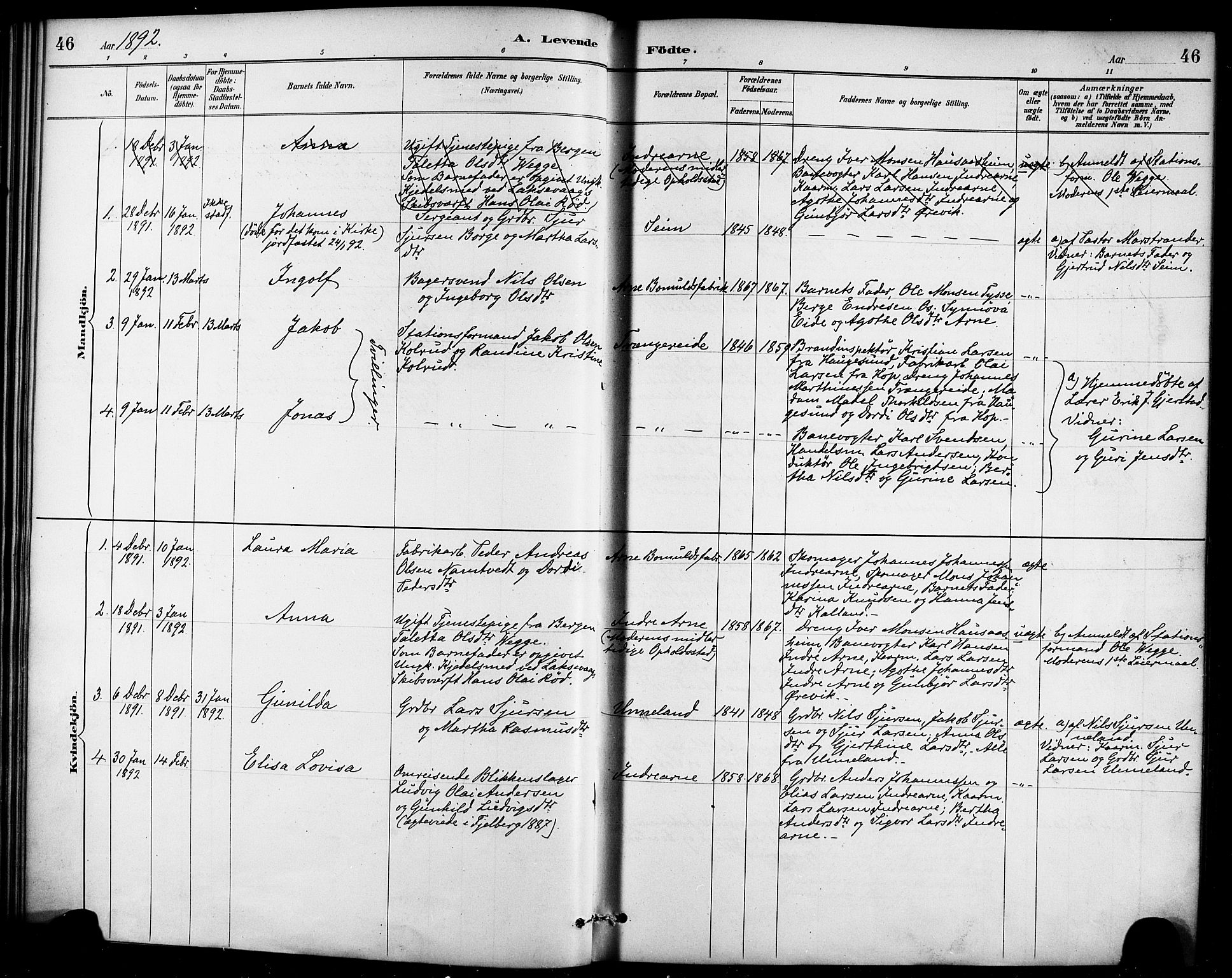 Haus sokneprestembete, AV/SAB-A-75601/H/Haa/Haad/L0001: Parish register (official) no. D 1, 1887-1898, p. 46