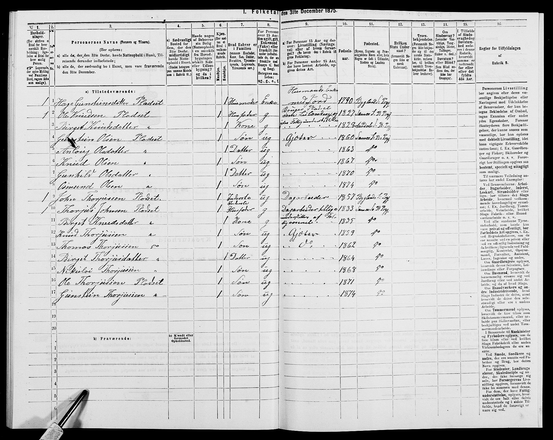 SAK, 1875 census for 0938P Bygland, 1875, p. 393