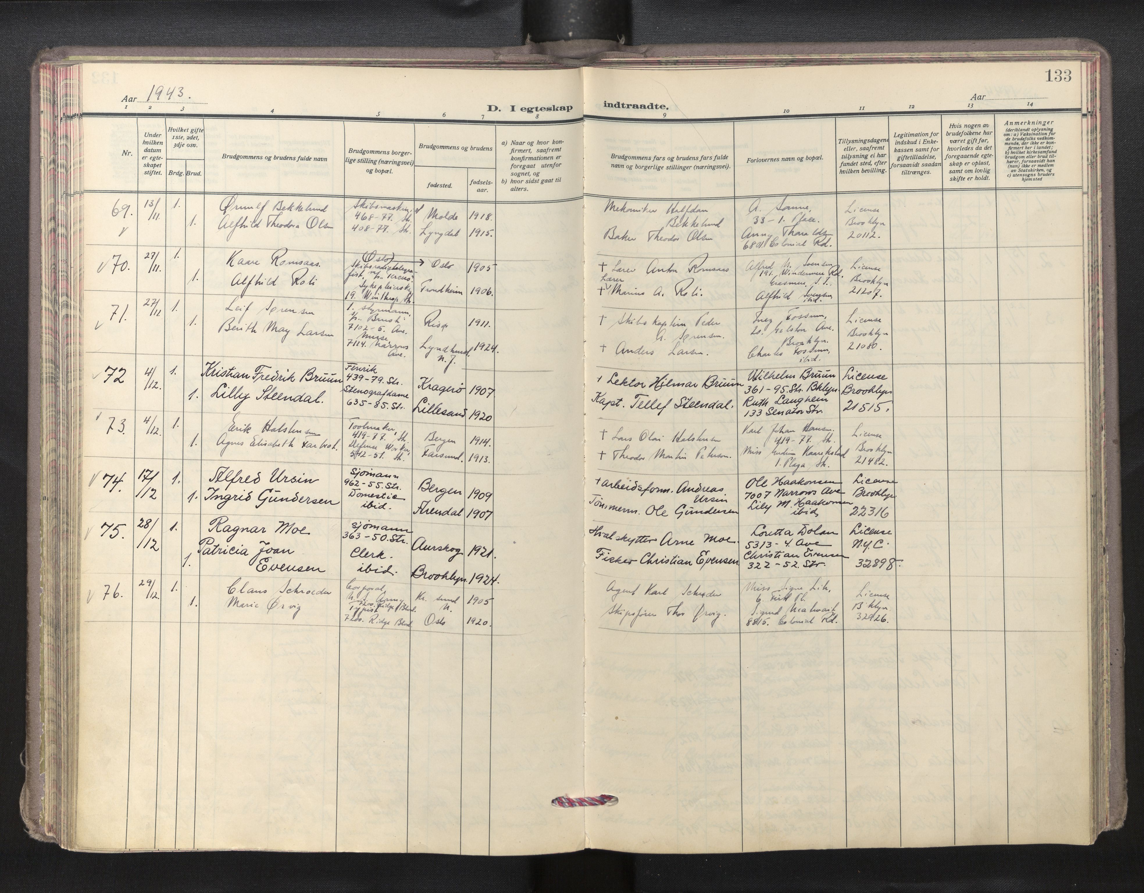 Den norske sjømannsmisjon i utlandet/New York, AV/SAB-SAB/PA-0110/H/Ha/L0009: Parish register (official) no. A 9, 1935-1945, p. 132b-133a